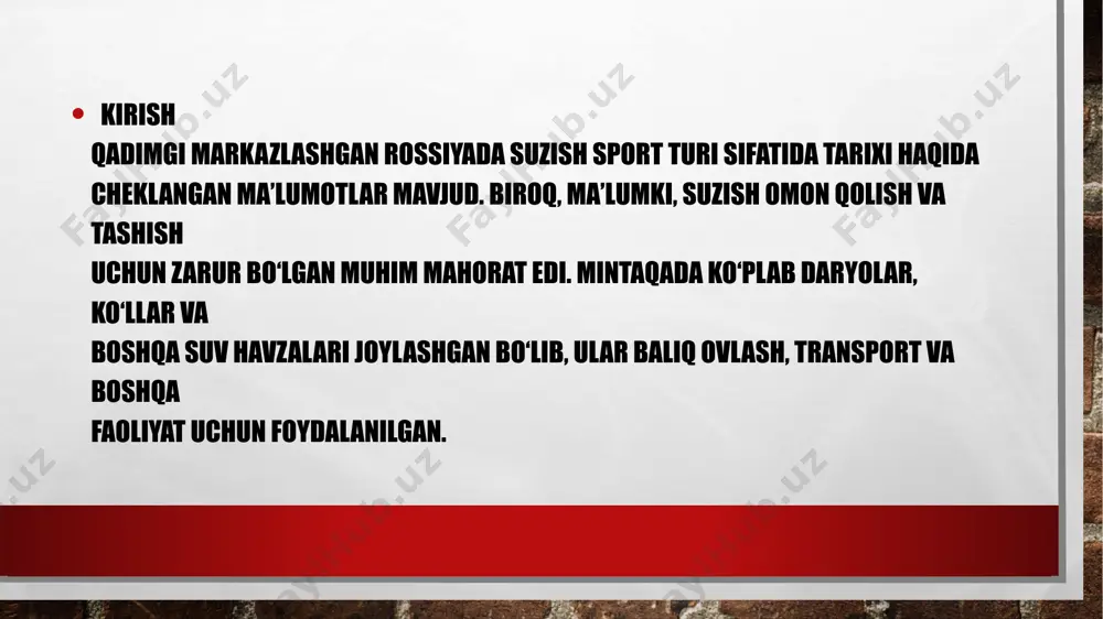 sport suzish doimiy ravishda ishlab chiqilgan, yangi, tezroq uslublar paydo bo'ldi. 1887 yilda birinchi rasmiy musobaqalar buyuk britaniyada sportchilar qo'llarini suvdan chiqarmasdan faqat yon tomondan brass usulidan foydalanganlar - eng qadimgi usul 30-yillarning o'rtalarida. xx asr ba'zi suzuvchilar qo'llarini suv ustida ko'tara boshladilar. va tug'ilgan yangi uslub- kapalak, kapalak qanotlarining harakatlariga o'xshashligi uchun shunday nomlangan. tez kapalak - delfin: ko'krak usulida oyoqlarni harakatga keltirish o'rniga, sportchi butun tanasi, shu jumladan oyoqlari bilan to'lqinga o'xshash harakatlarni bajaradi. xix asr oxirida. suzishning eng tezkor usuli paydo bo'ladi - emaklash: u qo'llar bilan qisqa zarbalar va oyoqlarning o'zgaruvchan baquvvat harakatlarini tizzada katta egilish va kengaytirish bilan birlashtiradi. xix asr oxirida. suzishning eng tezkor usuli paydo bo'ladi - emaklash: u qo'llar bilan qisqa zarbalar va oyoqlarning o'zgaruvchan baquvvat harakatlarini tizzada katta egilish va kengaytirish bilan birlashtiradi. xx - xxi asrlar oxirida. sport suzishda suzishning to'rtta asosiy usuli (uslubi) qo'llanilgan: ko'krakda emaklash, orqada emaklash, kapalak …