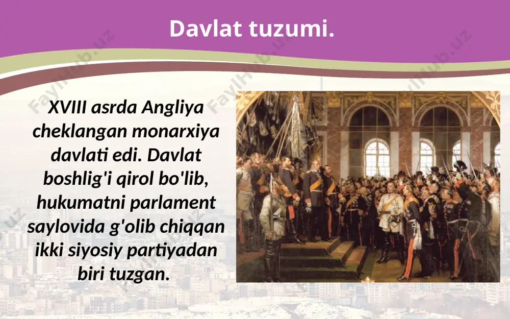 adi. sanoat to'ntarishi uchun shart-sharoitning yetilishi. sanoat to'ntarishi deyilganda, qo'l mehnatiga asoslangan manufaktura ishlab chiqarishdan mashinalar keng qo'llaniladigan fabrika ishlab chiqarishiga o'tish tushuniladi. sanoat to'ntarishining yuz berishi. sanoat to'ntarishi dastlab to'qimachilik sohasida yuz berdi. bunga sex ishlab chiqarishning barham topganligi va sifatli matolarga talabning tobora ortib borishi sabab bo'ldi. 1733- yilda mexanik va to'quvchi jon keyning to'quv dastgohi ixtiro qilishi bu talabning birinchi aks sadosi bo'ldi. 1775- yilda jeyms uatt tomonidan bug' mashinasining yaratilishi fabrika ishlab chiqarishining yanada rivojlanishiga olib keldi. jeyms uatt bug' mashinasi 1784 - yilda t. modslining tokarlik dastgohini ixtiro qilishi nihoyatda katta ahamiyatga ega bo'ldi. tez orada cho'yan olishning va uni quyishning yangi usullari yaratildi. t. modsl tokarlik dastgohi 1774- yilda jon uilkinson cho'yan bo'lagi markazidan o'q chiqadigan teshik ochishga imkon beruvchi tokarlik dastgohi ixtiro qildi. bu zamonaviy to'p yasash imkonini berdi. jon uilkinson to'p yasash dastgohi xviii asr oxiriga kelib buyuk britaniya dunyoning birinchi sanoat …