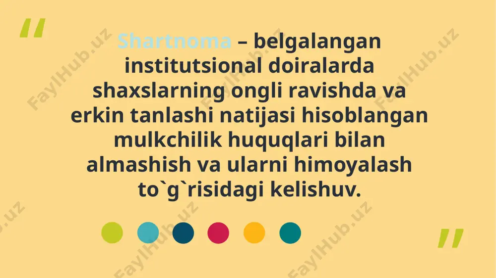 shi va bajarilishi, shartnoma buzilishining oqibatlari kabi muhim jihatlar nazariyaning markazida turadi. shartnoma tuzish jarayoni tomonlarning roziligi, taklif va qabul qilish, shuningdek, majburiyatlar va huquqlarni aniq belgilashni talab qiladi. nazariy asoslar shartnomalarni samarali va adolatli tarzda tuzish hamda ular bilan bog‘liq nizolarni hal qilishda muhim o‘rin tutadi. shu bilan birga, shartnomalar turlari, bajarilishi va buzilishi bo‘yicha huquqiy mexanizmlar ham katta ahamiyatga ega. xulosa image1.png