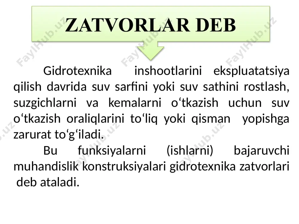 inadi. harakat qilish usuli bo‘yicha zatvorlar ilgarilanma siljiydigan, aylanuvchi, dumalanuvchi, erkin suzuvchi turlarga bo‘linadi. uzatma turi bo‘yicha zatvorlar elektr, gidravlik yuritma va qo‘l kuchi bilan harakatlanadigan yoki suv taʼsiridan, yaʼni suv bosimi kuchi harakatlanishidan foydalanish mumkin. yuza joylashgan zatvorlar tasnifi. zatvor konstruksiyasini harakterlaydigan asosiy belgilardan biri suv bosimini inshootga uzatish usulidir. konstruksiya materiali bo‘yicha zatvorlar po‘lat, yog‘och, temir-beton, to‘qimali (matoli) turlarga bo‘linadi. po‘lat zatvorlar materialining yuqori mustahkamligi tufayli keng tarqalgan. pulatning markasi zatvorning ishlash sharoiti, u yoki bu elementning vazifasi va yasash usuli bo‘yicha tanlanadi. yog‘och zatvorlar asosan taʼsir etuvchi bosim 4...5 m, kengligi 3..4 m baʼzan 8..10 m li oraliqlarni yopish uchun mo‘ljallaniladi. temir-betonli zatvorlar katta og‘irlikka ega bo‘lganligi sababli kam ishlatiladi. oldindan kuchaytirilgan konstruksiyalarning qo‘llanilishi bu kamchilikni sezilarli darajada kamaytiradi. to‘qimali zatvorlar rezina aralashtirilgan yoki sintetik (neylon, kapron, lavsan va boshqalar) matolardan tayyorlanadi. затворларни кўтариш механизми затворларни кўтариш механизми foydalanilgan adabiyotlar . bakiev m.r., majidov j., nosirov b., …