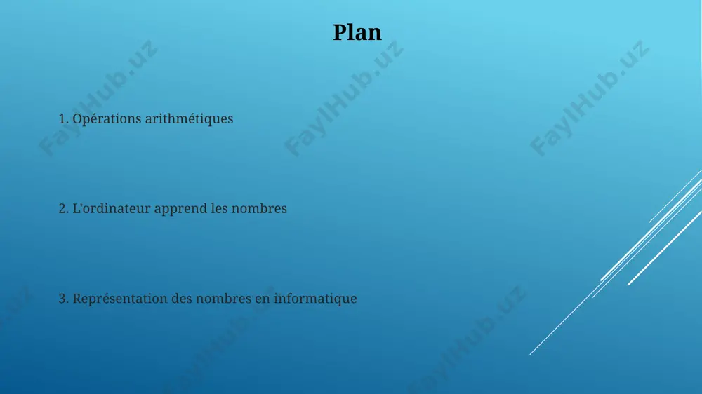 nombres à virgule avec une mantisse, un exposant et un signe, permettant de gérer une large plage de valeurs, des très petites aux très grandes, au détriment d'une certaine précision. limites et erreurs de calcul les erreurs d'arrondi peuvent s'accumuler lors de calculs itératifs, conduisant à des résultats significativement différents de la valeur attendue, surtout avec un grand nombre d'opérations. le dépassement de capacité (overflow) survient lorsque le résultat d'un calcul dépasse la limite maximale représentable par le type de donnée utilisé, par exemple, un entier 32 bits dépassant 2^31-1. systèmes de numération le système hexadécimal (base 16), utilisant les chiffres de 0 à 9 et les lettres a à f, est fréquemment employé en programmation pour sa concision : un nombre hexadécimal représente 4 bits binaires, simplifiant la lecture et la manipulation d'adresses mémoire la conversion entre les systèmes de numération, par exemple de décimal à binaire ou hexadécimal, …