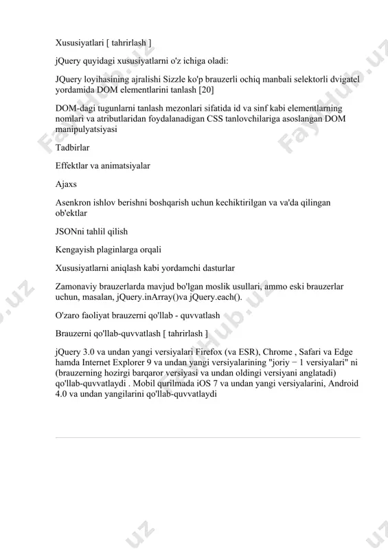 b'ektiga o'rash orqali xuddi shu vazifa ancha soddalashadi: var target = document.getelementbyid( "target" ); var newelement = document.createelement( "div" ); $( target ).after( newelement ); aksariyat hollarda bu tafsilotlar shunchaki siz va sizning maqsadlaringiz o'rtasida turgan "gotchas" dir. jquery ob'ektiga elementlarni olish jquery funktsiyasi css selektori bilan chaqirilganda, ushbu tanlovchiga mos keladigan har qanday element (lar) ni o'ralgan holda jquery ob'ekti qaytadi. masalan, yozish: var headings = $( "h1" ); headingsendi o'z ichiga olgan jquery element hisoblanadi , barcha sahifada allaqachon teglar. bu tekshiruvchi tomonidan tekshirilishi mumkin .lengthmulkini headings: var headings = $( "h1" ); alert( headings.length ); agar sahifada bir nechta yorliq bo'lsa, bu raqam bittadan katta bo'ladi. agar sahifada teglar bo'lmasa , .lengthxususiyat nolga teng bo'ladi. .lengthxususiyatni tekshirish selektorning bir yoki bir nechta elementga muvaffaqiyatli mos kelishini ta'minlashning keng tarqalgan usuli hisoblanadi. agar maqsad faqat birinchi sarlavha elementini tanlash bo'lsa, yana bir qadam talab qilinadi. buni amalga oshirishning …