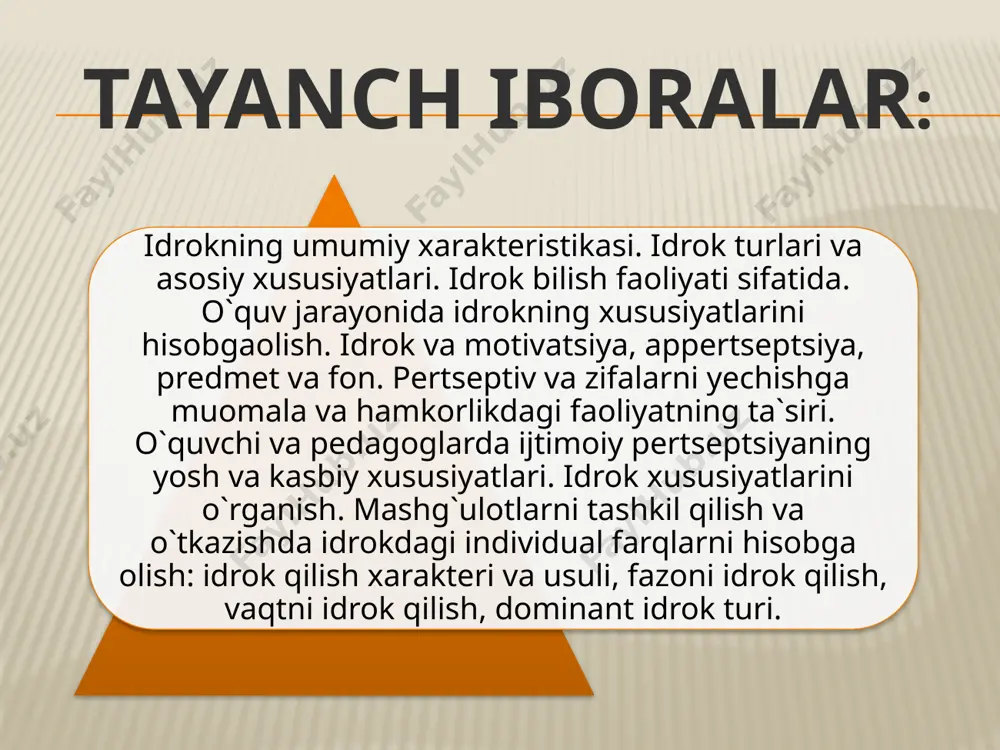 ajada bizning bir lahzalik sezgilarimizga to`g`ri kelmaydi va bunday sezgilarning oddiy yig`indisidan iborat emas. biz shu sezgilardan abstraktlashgan, ma`lum vaqt davomida tarkib topadigan elementlarning munosabatining umumlashgan tuzilishini idrok qilamiz. musiqa eshitayotgan kishi uning tuzilishini, uning elementlarining o`zaro munosabatini idrok qiladi. chunki musiqa alohida notalardan iborat emas. notalarning o`zaro munosabatigina musiqani tashqil qiladi. turli notalarni turli ketma-ketlikda, tartibda tuzib, turlicha musiqa hosil qilinadi. shu bilan birga odam notalarni ma`lum ketma-ketlikda emas, balki yaxlit, bir butun musiqa sifatida idrok qiladi. faqat maxsus maqsad bilangina (kompozitor, tankidchi) alohida nota yoki musika asboblarining tovushiga e`tibor berishi, ularni fikran bir-biridan ajratishi mumkin. bu xususiyatlar idrokning yaxlitligini beradi. idrokning konstantligi. idrok qilinayotgan tashqi olam, muhit doimo o`zgarishda, turli holatlarda, turli sharoitlarda nomoyon bo`ladi. turlicha yorug`likda, fazoda turli holatda, turli masofada bo`ladi. bunday omillar ta`siri ostida sezgi organlarimizga kelayotgan ma`lumotlar turlicha bo`ladi, ularni idrok qilish ham turlicha bo`lishi kerak. ammo bizning pertseptiv (idrok qilish) tizimimiz bo`layotgan o`zgarishlarni …