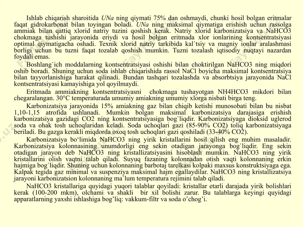 a funktsiyasini bajarib keladi. dastlabki karbonizatsion kolonnasiga ammonizatsiyalangan namokob yig`uvchisiga ammonizatsiyalangan namokob va ohak tosh (por) kuydirilgan natijasida hosil bolgan 32-36%-li dioksid uglerod gazi (co2) beriladi. shu bilan birgalikda dastlabki karbonizatsion kolonna gidrokarbonat natriy chokmasidan yuviladi va bu erda namokobning dastlabki karbonizatsion kolonnasida 42-46°c temperaturadagi 55-60 n.d. dioksid uglerodidan iborat gaz kolonna gazlarining birinchi yuvitgichiga yuboriladi. shu bilan birgalikda dastlabki karbonizatsion kolonna gidrokarbonat natriy chokmasidan yuviladi va bu erda namokobning dastlabki karbonizatsion kolonnasida 42-46°c temperaturadagi 55-60 n.d. dioksid uglerodidan iborat gaz kolonna gazlarining birinchi yuvitgichiga yuboriladi. bu erga dastlabki karbonizatsion va choktiruvchi kolonnalar gazlari ham beriladi. yuvitgich bu gazlarning tarkibidagi dioksid uglerod va ammiak gazlarini ushlab qoladi. birinchi yuvitgichdan otilishi natijasida suyuq fazaning temperaturasi 5-8°c oshadi. 7.1-rasm. karbonizatsiya bo‘limi texnologik sxemasi: 1 – dastlabki karbonizatsiya minorasi; 2- minora gazlarning birinchi bvitgichi; 3 – chuktiruvi karbanizatsion minorasi; 4- nasos; 5 – sovutgich; 6 – aralashma gazni uzatish uchun trubaprovod; 7 – …