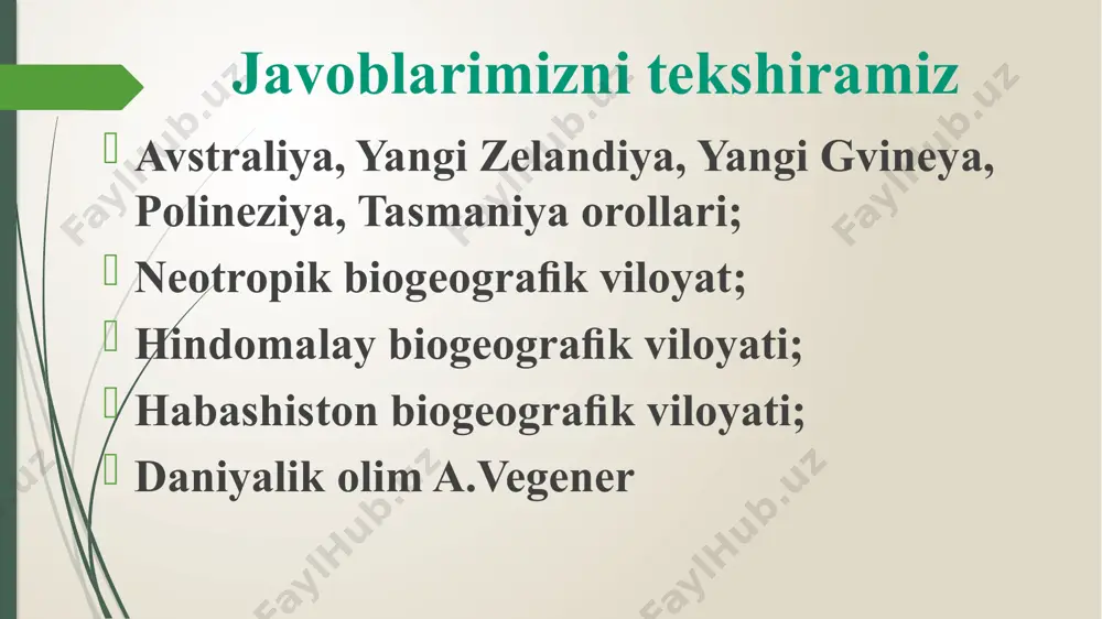 nlar (ikkilamchi suv hayvonlari) tana shaklining o‘xshashligini misol qilib keltirish mumkin. ammo umurtqalilarning bu guruhlari teri qoplami, kalla suyagi, muskullari, qon aylanish, nafas olish va boshqa organlar sistemalarining tuzilishi bilan bir-biridan farq qiladi. konvergensiya bir-biriga qarindosh bo‘lmagan guruhlarning o‘xshash yo‘nalishda evolutsion rivojlanishi va ularning bir xil yashash muhitiga moslashishi natijasida o‘xshash belgilarga ega bo‘lishidir. 1. darslikdagi mavzuni o`qib o`rganib unda uchragan tayanch so`zlarni taxlil qiling; 2. mavzuga oid o`zingiz xoxlagan rasmlardan birini daftarlaringizga chizing. uyga vazifa image1.png image2.png image3.png image4.png image5.png image6.png image7.png image8.png image9.png image10.png image11.png image12.png image13.png image14.jpg image15.png image16.png image17.png image18.png image19.png /docprops/thumbnail.jpeg