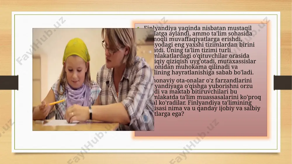 uvchilar ham yo‘q. o‘quvchilarni bir-biriga taqqoslash taqiqlangan. daho bolalar ham, aqliy salohiyati bo‘shroq bolalar ham "o‘ziga xos" hisoblanib, barcha bilan birga o‘qishadi. umuman olganda, jamoada nogironligi bo‘lgan bolalar ham ta'lim oladi. oddiy maktabda ko‘rish va eshitish organlari kasalliklari bo‘lgan o‘quvchilar uchun sinf tashkil qilingan bo‘lishi mumkin. finlar alohida munosabatga talabgor insonlarni jamiyatga maksimal darajada integratsiya qilishga harakat qilishadi. bilimi kuchli va bo‘sh o‘quvchilar orasidagi farq - juda kichik. bolalik davri o'yin shaklidagi o'quv jarayoni olti yoshdan boshlab bolalar bog'chasida boshlanadi. u o'quvchilarni birinchi bosqichda o'qitish uchun zarur bo'lgan bilim va ko'nikmalarga o'tishni maqsad qilib qo'ygan. mamlakatning ikki tilini - maktab va fransuz tilini o'rganishga imkon beradigan har bir bolaning iste'dodini sinchkovlik bilan o'rganishga qaratilgan. on oylik bo'lgan barcha bolalar anaokuluga qabul qilinadi. oddiy bolalarning yonida nogiron bolalar bor. ularning ko'pchiligi sog'ayib ketadi, tengdoshlari bilan muloqot qiladi. maktab davri mamlakatning maktab o'quvchilari o'qish va tarbiya bilan porlashlari uchun odatiy holga kelganligi …