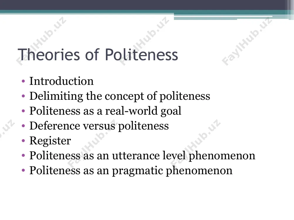 a more general matter of showing (rather, of giving the appearance of showing) consideration to other. deference versus politeness politeness both deference and politeness can be manifested through general social behavior as well as by linguistics means. such as we can show deference by standing up when a person of superior status enters a room, or show politeness by holding a door open to allow someone else to pass through. deference and politeness are distinct, though related systems, by noting that it is possible to be deferential without being polite. register is primarily a sociolinguistic phenomenon: a description of the linguistic forms which generally occur in a particular situation. choice of register has little to do with the strategic use of language and it only becomes of interest to the pragmatics if a speaker deliberately uses unexpected forms in order to change the situation or to challenge the status quo. …