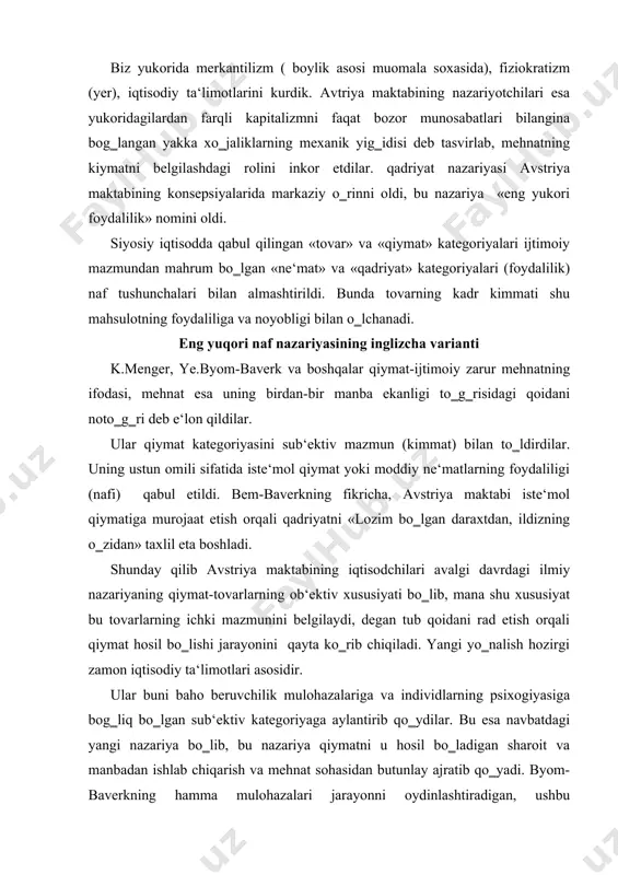 h orqali qiymat hosil bo‗lishi jarayonini qayta ko‗rib chiqiladi. yangi yo‗nalish hozirgi zamon iqtisodiy ta‘limotlari asosidir. ular buni baho beruvchilik mulohazalariga va individlarning psixogiyasiga bog‗liq bo‗lgan sub‘ektiv kategoriyaga aylantirib qo‗ydilar. bu esa navbatdagi yangi nazariya bo‗lib, bu nazariya qiymatni u hosil bo‗ladigan sharoit va manbadan ishlab chiqarish va mehnat sohasidan butunlay ajratib qo‗yadi. byom-baverkning hamma mulohazalari jarayonni oydinlashtiradigan, ushbu kategoriyada ifodalanadigan ishlab chiqarish munosabatlarini kengaytiradigan fikrlar asosiga qurilgan. «eng yuqori foydalilik», «noyoblik» nazariyalari avstriya maktabi va boshqa yangi konsepsiyalar uchun asos bo‗ldi, byom-baverkning ta‘biricha, qadriyat to‗g‗risidagi ta‘limot daromadni taqsimlash, shu jumladan, yer rentasi, ish haqi, kapitaldan olinadigan foyda to‗g‗risidagi butun o‗z doktrinasining markaziy bandidir. kembridj maktabi. a.marshall va uning narx, ish haqi hakidagi nazariyalari. kapitalizmdan imperializmga o‗tish davrida angliyada kembridj dorilfununida iqtisodchilar maktabi vujudga keldi. maktabning nomi ham shu dorilfununning nomidan olingan. alfred marshall (1842-1924) marjinalizmning «kembridj maktabi» lideri hisoblanadi. u kembridj (angliya) universitetida o‗qidi, uni tugatdi va shu yerda …
