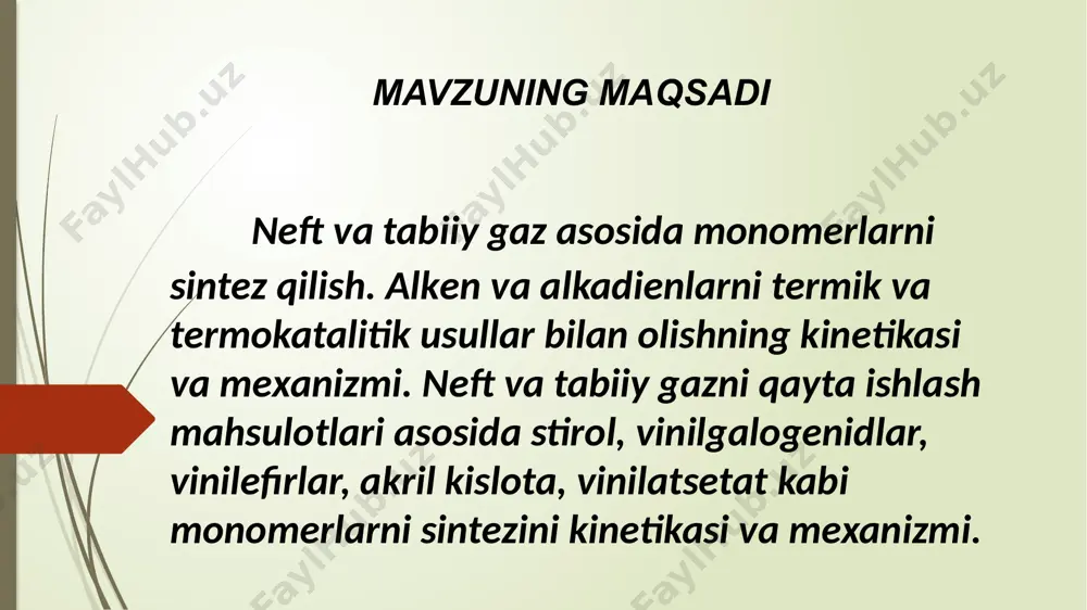 bilan tushuntiriladi termik parchalanish mahsulotlari: suyuq mahsulot, gaz va qattiq qoldiq (qurum) tarkibi asosan 3 ta omilga bog‘liq: xomashyo turiga. haroratga va kontaklashuv vaqtiga. xomashyo turlari bir-biridan tarkibidagi vodorod va uglerod miqdorlari nisbati bilan keskin farq qiladi. masalan etanda bir uglerod atomiga 3 atom vodorod, butanda-2,5, siklogeksanda – 2 ta atom vodorod mos keladi. aromatik uglevodorodlarda esa bu nisbat yana ham kamayadi (benzolda – 1:1, naftalin (c10h8) da – 1,25:1). yengil gazlar, benzin fraksiyasi parchalanganda tarkibiga mos ravishda kо‘p miqdorda gaz, oz miqdorda qurum yoki koks beradi. neftning oqir fraksiyalari, ayniqsa, aromatik uglevodorodlar termik parchalanganda kо‘p miqdorda koks va oz miqdorda gaz ajralib chiqadi (rasm). hosil bо‘lgan mahsulotga ta’sir qiluvchi asosiy omillardan biri haroratdir. harorat oshishi bilan suyuq mahsulot tarkibida aromatik moda miqdori, gaz mahsulot tarkibida esa vodorod va kichik molekulyar moddalar miqdori ortadi. neft mahsulotlari tarkibida asosan olefinlar (miqdori ≈ 4% boshlang‘ich xomashyoga nisbatan), gaz mahsulot tarkibida c3-c4 uglerod …