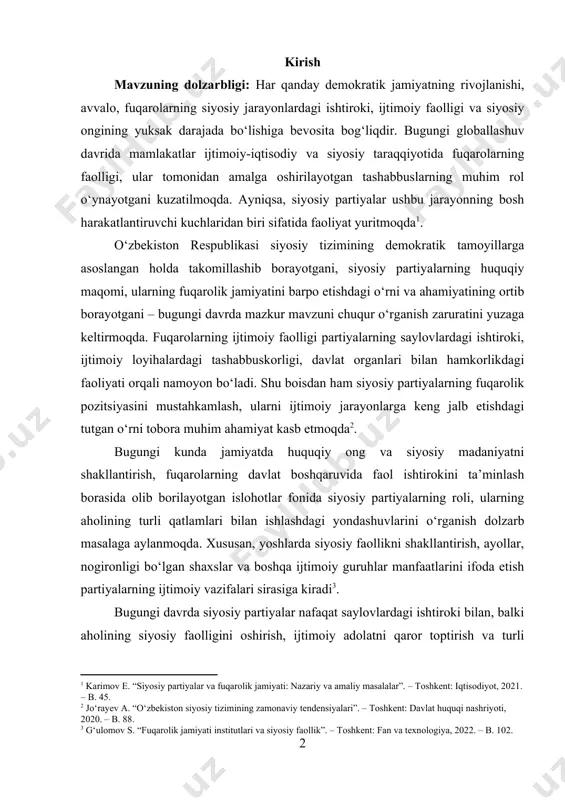 fuqarolarning ijtimoiy faolligi partiyalarning saylovlardagi ishtiroki, ijtimoiy loyihalardagi tashabbuskorligi, davlat organlari bilan hamkorlikdagi faoliyati orqali namoyon bo‘ladi. shu boisdan ham siyosiy partiyalarning fuqarolik pozitsiyasini mustahkamlash, ularni ijtimoiy jarayonlarga keng jalb etishdagi tutgan o‘rni tobora muhim ahamiyat kasb etmoqda[footnoteref:2]. [2: jo‘rayev a. “o‘zbekiston siyosiy tizimining zamonaviy tendensiyalari”. – toshkent: davlat huquqi nashriyoti, 2020. – b. 88.] bugungi kunda jamiyatda huquqiy ong va siyosiy madaniyatni shakllantirish, fuqarolarning davlat boshqaruvida faol ishtirokini ta’minlash borasida olib borilayotgan islohotlar fonida siyosiy partiyalarning roli, ularning aholining turli qatlamlari bilan ishlashdagi yondashuvlarini o‘rganish dolzarb masalaga aylanmoqda. xususan, yoshlarda siyosiy faollikni shakllantirish, ayollar, nogironligi bo‘lgan shaxslar va boshqa ijtimoiy guruhlar manfaatlarini ifoda etish partiyalarning ijtimoiy vazifalari sirasiga kiradi[footnoteref:3]. [3: g‘ulomov s. “fuqarolik jamiyati institutlari va siyosiy faollik”. – toshkent: fan va texnologiya, 2022. – b. 102.] bugungi davrda siyosiy partiyalar nafaqat saylovlardagi ishtiroki bilan, balki aholining siyosiy faolligini oshirish, ijtimoiy adolatni qaror toptirish va turli ijtimoiy guruhlarning manfaatlarini …
