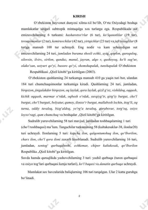 i va osiyo togʻlari qurbaqasi kenja turlari), koʻl baqasi va danatin qurbaqa uchraydi. mamlakat suv havzalarida baliqlarning 106 turi tarqalgan. ular 2 katta guruhga boʻlinadi. 1.yo’qolib borayotgan hayvonlar va ularning muhofazasi markaziy osiyoning yo’qolib borayotgan 10 turdagi jonzoti 2014 yili butunjahon yovvoyi tabiat jamg‘armasi e'lon qilgan hisobotda bayon qilinishicha, 1970 yildan buyon yer yuzida yovvoyi hayvonlar soni ikki baravar kamaydi. ana shunday kamayib ketayotgan hayvonlarning markaziy osiyodagi noyob 10 ta turi haqida quyida maʼlumot beriladi buxoro kiyigi. 1999 yildayoq buxoro kiyiklari soni 400 boshdan kamaygani qayd etilgan. ularning ko‘pi tojikistonda davom etgan fuqarolik urushi payti halok bo‘ldi. ayni paytda tojikiston qo‘riqxonasida saqlanayotgan noyob kiyiklar 850 boshga yetdi, biroq zarafshon qo‘riqxonasida ular bor-yo‘g‘i 40 boshni tashkil etadi.(1-rasm) 1-rasm. izoh : buxoro kiyigi erkagi va urgʻochisi jayron. tezchopar kiyiklar oilasiga mansub jayron asosan turkmaniston va qozog‘iston hududlarida uchraydi. uning shoxi va go‘shti uchun jayronni ovlashadi. 2-rasm . izoh : jayron bolalari bilan. …