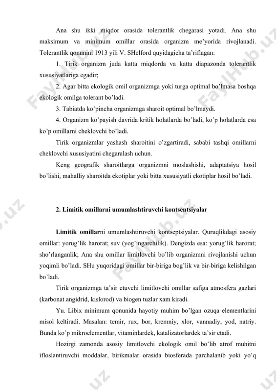 asosan yer sharining 3 ta qismi yashil o’rmonlar, qo’riqxonalar, milliy bog’lar bo’lishi tabiat maskanimizni saqlaydi. bir inson uchun o’rtacha 1-5 gektarga yaqin territoriya kerak bo’lar ekan. bir insonni mahsulot bilan to’liq ta’minlash uchun 0,6 ga maydon kerak. bir insonni boshqa ehtiyojlari uchun (yog’och, qog’oz) 0,4 ga kerak.. agar shu sharoitlar bajarilsa 1 mlrd. inson ta’minlanar edi. ammo, hozir yer yuzida 6 mlrd. 407 mln. axoli yashaydi. insonlar o’z extiyojini qondirish uchun qishloq xo’jalik ekinlaridan ko’proq xosil olishi zarur bo’ladi, bu esa kimyoviy o’g’itlarni bir necha bor ko’p ishlatishga to’g’ri keladi va yana o’z navbatida ko’proq atrof-muhitni ifloslantiradi. 3. ekologiyaning asosiy qonunlari va ularning xususiyatlari. 1. raqobatni cheklovchi qonun: bu qonunga muvofiq ikkita bir xil istiqomat qiluvchi, ya’ni “ekologik nisha” uzoq vaqt bir ekotizimda yashay olmaydi. qanday turni g’alaba qilishi tashqi omillarga bog’liq bo’ladi. bunda asosan o’sha populyatsiyani o’sishi, ko’payishi katta rol o’ynaydi. raqobatni cheklovchi qonunlar insonlar hayot tarzida va insonlar …