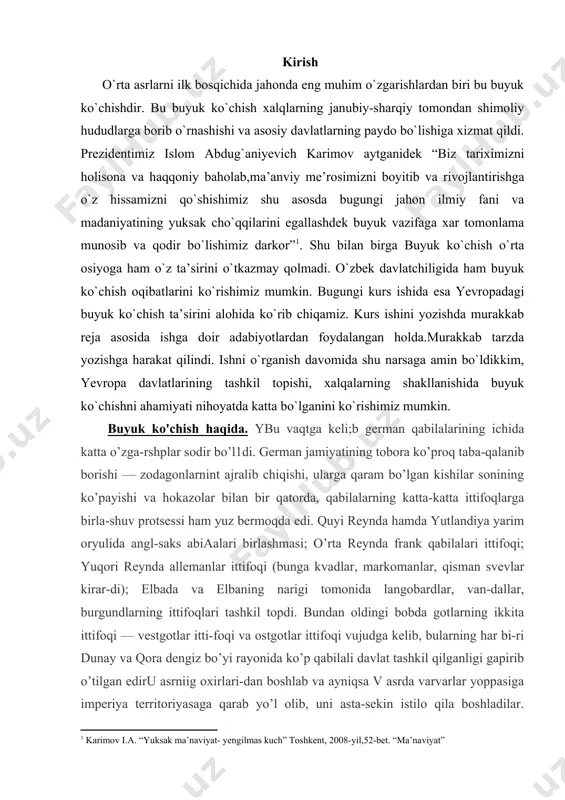 qiy rimliklardan qabul qilgan edilar. gotlar o’rtasida xristianlikni targ`ib qilgan kishi yepiskop ulfila bo’ldi, u injilni va diniy kitoblarni got tiliga tarjima qildi. ikki davlatning eng kuchlisi — ostgotlar davlati bo’lib, u ko’p qabilali ittifoq edi, bu ittifaq o’zining ostgot qabilasidan tayagqari, va sharqqiy sarmat qabilalaridan bir qanchasini o’z ichiga olgan edi, bu davlatga korol germanarix 50 yil boshchilik qildi (u 375 yilda vafot etdi). osttotlarning o’zlar,i mahalliy madaniyat ta’siriga anchagina berilib,mahalliy aholi bilan qisman aralashib kega boshlagan edi. qora dengiz bo’yidagi gotlarga qora dengiz bo’yvdagi grek- koloniyalarinint va ayniqsa bospor podsholigining antik madaniyati anchatina o’z ta’sirini o’tkazdi. 375 yilda qora dengiz bo’yiga osiyodan juda ko’p sonli gunn-* lar qabilasi keldi. gunnlar (bularning bir qiomi turk irqi-dan, bir qismi mo’g`ul irqidan bo’lsa kerak) ko’chmanchi xalq bo’lib, bir vaqtlar хitoy chegaralarida yashar edilar, keyin ular butun o’rta osiyoni bosib o’tib, nihoyat, janubiy ural bilan kaspiy dengizi o’rtasidagi «kaspiy darvozasi» orqaln don …