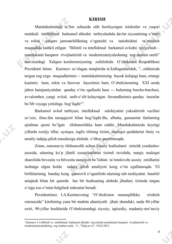 - gap qurilishida “between”, ”among”, “amid”, “midst” so’zlarining o’rni va rolini aniqlash; -- zamonaviy ingliz va amerikalik yozuvchilarning badiiy asarlaridan olingan misollardan foydalanib, “between”, ”among”, “amid”, “midst” so’zlarining sintaktik va sintaktik semantik xususiyatlarini atroflicha o’rganib chiqish. bitiruv malakaviy ishining obyekti. predloglar ichida alohida o’ringa ega bo’lgan “between”, ”among”, “amid”, “midst” so’zlari tadqiqotning obyektidir. `bitiruv malakaviy ishining ilmiyligi va amaliy ahamiyati.. “between”, ”among”, “amid”, “midst” so’zlarini sintaktik - semantik tahlil qilish orqali ularning turli sintaktik semantik ma’nolarini aniqlash, bu so’zlar qatnashgan gaplarni tarjima qilganda ularning o’zbek tilidagi muqobil variantini topish bitiruv malakaviy ishining ilmiyligidir. mazkur ilmiy nazariy xulosalari ingliz tilining nazariy va amaliy grammatikasi, shu bilan birga leksikologiya va tilshunoslik fanlari uchun ilmiy qiymatga ega bo’lib, ulardan “between”, ”among”, “amid”, “midst” so’zlari bo’yicha ilmiy maqolalar yozishda, inliz tili grammatikasidan shu mavzuda amaliy mashg’ulotlar o’tishda foydalanish mumkin. bitiruv malakaviy ishining tuzilishi. mazku bitiruv malakaviy ishi kirish, uchta bob, har bir bob yuzasidan …