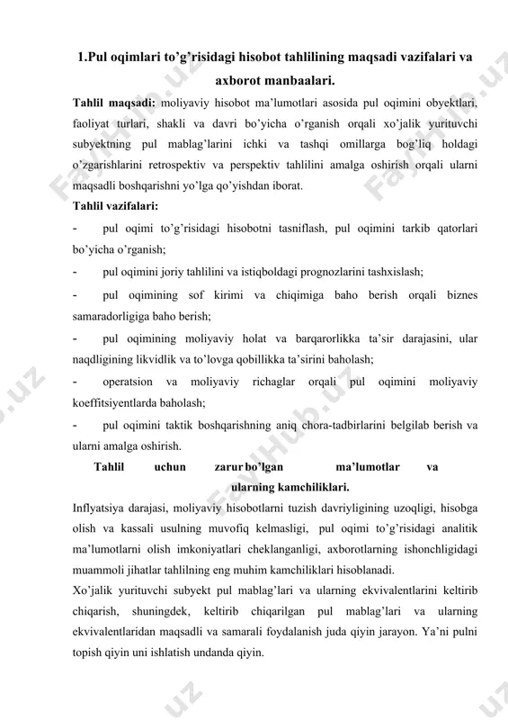 tijorat va moliyaviy faoliyati uzluksizligi ta’minlanadi. agar ta’minotda uzilish bo’ladigan yoki zaruriy likvid mablag’larga yetishmovchiliklar kuzatiladigan bo’lsa bunday subyektning nafaqat operatsion faoliyati‚ balki butun xo’jalik faoliyatida tanglik yuzaga keladi, moliyaviy ahvoli qiyinlashadi va uni boshqarish yanada murakkablashadi. xo’jalik yurituvchi subyektlarning daromad keltiruvchi faoliyat turlari, shakllari qanchalik farqli bo’lmasin, ularning pul mablag’lari va pul ekvivalentlariga bo’lgan ehtiyojlari bir xil sabablardan kelib chiqadi. bu uzluksiz va davomli faoliyatni amalga oshirish aktivlarni sotib olish va joylashtirish, o’z majburiyatlarida amalga oshirish, investorlarga daromadlarini to’lash yuzasidan zaruriy amallarning bir xilligidan kelib chiqadi. pul mablag’larining manbalarida birinchi navbatda xususiy kapitalning shakllanishiga ahamiyat qaratish lozim. xususiy kapital xo’jalik yurituvchi subyektning boshlang’ich kapitalidir. ushbu kapital asosiy va aylanma kapital minimumini ta’minlab beradi. pul oqimlarining shakllanishi va ularning ishlatilishidagi umumiy jihatlar bilan bir qatorda albatta har bitta korxonaning ularning harakati, tezligi yuzasidan o’ziga xos jihatlari mavjud. masalan: pul va pul ekvivalentlarining harakati savdoda, umumiy ovqatlanishda, qurilishda, sanoatda, qishloq xo’jaligida …