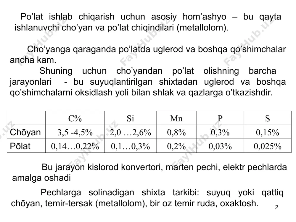 qich. uglеrodni oksidlanishi (vannani qaynashi) temperanura qo’tarilishi bilan uglerod oksidlanib boshlaydi: feo+ c = fe + co↑ uglerodni oksidlash uchun metallga bir oz ruda qo’shiladi yoki kislorod beriladi. co pufakchalkari suyuq metalldan chiqib vannani «qaynatganday bo’ladi». * «qaynash» natijasida metallda uglerod miqdori kerakli miqdorgacha yetadi, temperatura butun vanna hajmi bo’yicha tekislanadi, pufakchalarga yopishkan nometall qo’shimchalar va gazlar chiqib ketadi. bular hammasi metall sifatini oshiradi. demak bu bosqich – po’lat olish jarayonida asosiy hisoblanadi. bu bosqichda oltin gugurtni ham yo’qotish uchun sharoitlar yaratiladi. oltin gugurt po’latda sulfid (fes) ko’rinishda bo’ladi. bu sulfid shlakda ham erigan bo’ladi. temperatura qancha yuqori bo’lsa, shlakda shuncha ko’p (fes) eriydi va kaltsiy oksidi bilan reaktsiyaga kirishadi : fes+cao=cas+feo paydo bo’lgan birikma shlakda eriydi, lekin po’latda erimaydi, natijada oltin gugurt shlakka chiqib ketadi. * 3 bosqich. temirni oksiddan qaytqrish temirda erigan feo ni fe gacha qaytarish – muhim jarayon, chunki eritish boshida qo’;shimchalarni qaytarish uchun feo dagi …