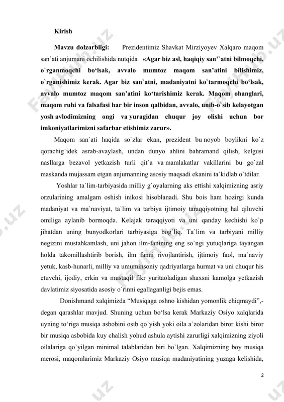 as. donishmand xalqimizda “musiqaga oshno kishidan yomonlik chiqmaydi”,- degan qarashlar mavjud. shuning uchun bo‘lsa kerak markaziy osiyo xalqlarida uyning to‘riga musiqa asbobini osib qo`yish yoki oila a`zolaridan biror kishi biror bir musiqa asbobida kuy chalish yohud ashula aytishi zarurligi xalqimizning ziyoli oilalariga qo`yilgan minimal talablaridan biri bo`lgan. xalqimizning boy musiqa merosi, maqomlarimiz markaziy osiyo musiqa madaniyatining yuzaga kelishida, shakllanishida asosiy manba vazifasini o`tadi, desak mubolag`a bo`lmaydi. chunki uning noyob ohanglari, dilkash navolari va chuqur mazmunli she`riy matnlari inson ruhiyatiga ozuqa beruvchi manba ekanligini qayta-qayta ta`kidlash mumkin. xx asrda maqomchilik san`ati rivoji milliy negiz bilan uyg`unlashgan holda yanada taraqqiy topdi. o`zbekistonda «shashmaqom»ning yangi milliy udumlari paydo bo`lishi ham serqirra maqom an`analarini nafaqat saqlanishi va himoya qilinishi, balki yanada yuksalishiga olib keldi. o`zbek mumtoz musiqasi, birinchi navbatda, kishiga ruhiy engillik baxsh etish vazifasini bajarsa, ikkinchi tomondan, kishining tashqi dunyoga estetik munosabatda bo'lishini shakllantiradi; uchinchi tomondan esa tarbiyaviy ta`sir vazifasini ham bajaradi. har …