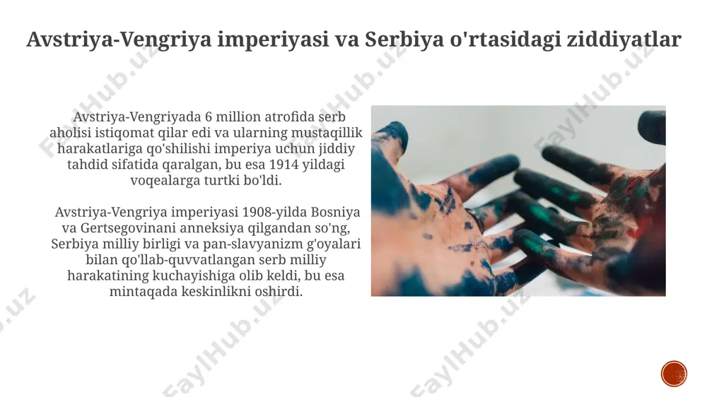 ри ахборот тарқатишган. fransiyaning revanşizm his-tuyg'ulari va harbiy salohiyati fransiya, strategik jihatdan muhim bo'lgan maginot liniyasi kabi keng qamrovli mudofaa inshootlarini qurishga katta mablag' sarflab, 1914 yilga kelib evropadagi eng kuchli armiyalardan biriga aylandi. fransiyaning 1870-yillardagi prussiya-fransuz urushidagi mag'lubiyati va elzas-lotaringiya hududlarini yo'qotishi, 100 000 dan ortiq askar yo'qotilishi bilan birga, kuchli revanşizm tuyg'ularini uyg'otdi va harbiy qobiliyatini oshirishga undadi. germaniyaning harbiy rejalari va strategiyasi germaniyaning harbiy doktrinasi, "blitzkrieg" yoki "chaqmoq urushi" deb nomlangan, tezkor va hal qiluvchi hujumlarga asoslangan boʻlib, bu strategiya sharqiy prussiyada rus qoʻshinlariga qarshi muvaffaqiyatli qoʻllanilgan. germaniyaning schlieffen rejasi gʻarbiy frontda fransiyani tezkor magʻlub etishni, keyin esa sharqiy frontga qoʻshinlarni koʻchirishni nazarda tutgan boʻlib, bu reja belgiya va lyuksemburg orqali 1,5 million askarning harakatini oʻz ichiga olgan. rossiyaning harbiy tayyorgarligi va geosiyosiy ambitsiyalari rossiyaning 1,2 million kishilik armiyasi va keng hududi, shuningdek, strategik temir yo'l tarmog'ining mavjudligi, urushga tayyorgarlik darajasini sezilarli darajada oshirdi, ammo logistika muammolari …