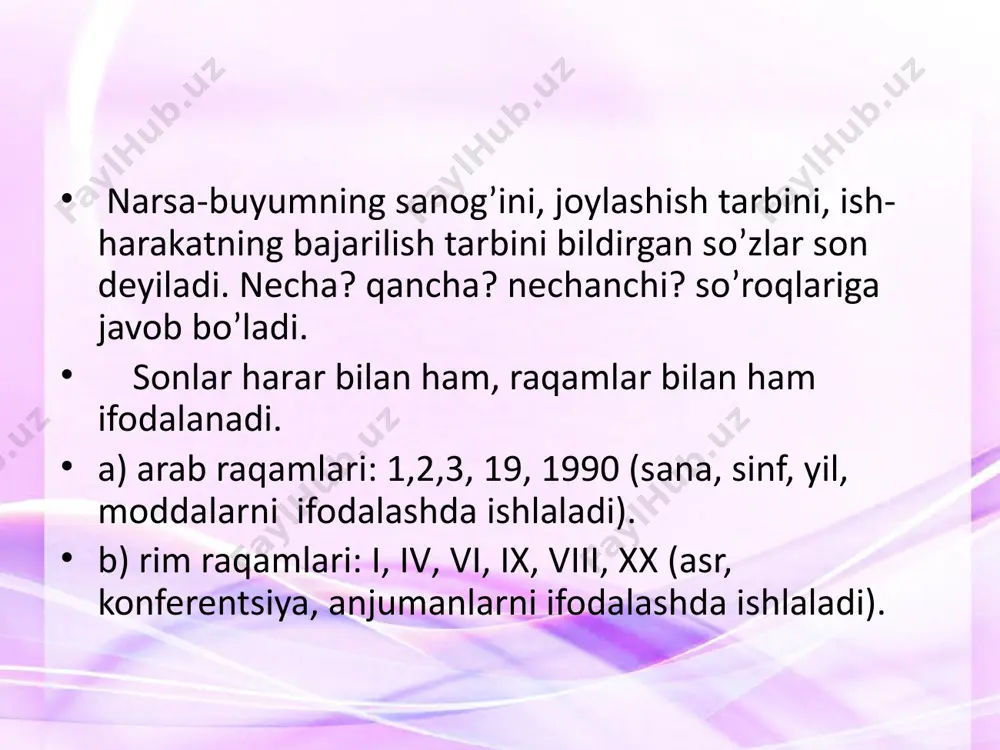 o’choq oldida bir qariya chirsillab yonayotgan o’tga qarab jimgina o’tiribdi. 2. holat bildiruvchi formasi sifat,ravish, ot oldida kelganda kuchaytiradi. kuchaytirma ravishlari (juda, g’oyat, nihoyatda) kuchaytirma yuklamalar (ham, hatto) kabi. charx urib yeg’ardi. hakim bir tez yurardi, men esa zo’rg’a qadam bosardim.(s.b.) uzun tunlarning birida otam bir qiziq ertak so’zlab berdi.(s.b.) 3. 1 soni sifatlovchi sifatlanmish orasida kelganda ma’no kuchaytiradi. gulnor uchun ulug’ bir baxt shu uchrashuv bo’ldi. shunday so’zi kelsa ta’kidlash ma’nosi yanada kuchayadi: malohat ham shunday bir narsani orzu qilib yurardi. 4. ayiruv, chegaralov yuklamalari (gina, faqat) o’rnida qo’llanib, ajratib, ko’rsatib, chegaralash ma’nosini ifodalaydi: kamtarlik ham bir xislat. 5. bir son o’zi bog’lanib kelaetgan so’z bilan "hech kim", "hech qanday" olmoshlari ma’nosida ham keladi: kunlik normasini bajarmagan bir kishi qolmadi. 6. uyushiq bo’lakli gaplarda, qo’shma gaplarda bog’lovchi, ayiruv bog’lovchi vazifasini bajarishi mumkin. bir unga qaraysan, bir menga qaraysan. (uyushgan bog’lovchi) bir kattaning gapiga kir, bir kichikning. umri bir oqardi, …