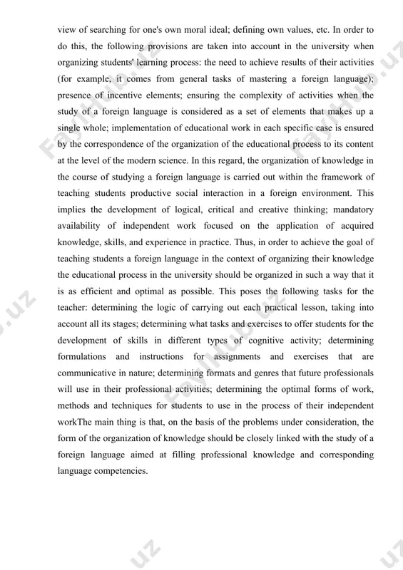 the organization of teaching university students a foreign language is carried out in a functional context; (2) the ways for improving the form of organization of knowledge in teaching students are identified; (3) the possibilities for increasing the intellectual and general cultural level of students' knowledge when studying foreign languages are structured; (4) the main methodological approaches in teaching students in the context of the form of organization of their knowledge are used; (5) conditions for the introduction of the fundamental principles of teaching a foreign language are created. in this study, the following tasks were set (1) to analyze peculiarities of teaching university students a foreign language; (2) to reveal the basic principles of teaching a foreign language; (3) to structure the possibilities for increasing the intellectual and general cultural level of knowledge of students when studying foreign languages; (4) to reveal the main methodological approaches for teaching students …