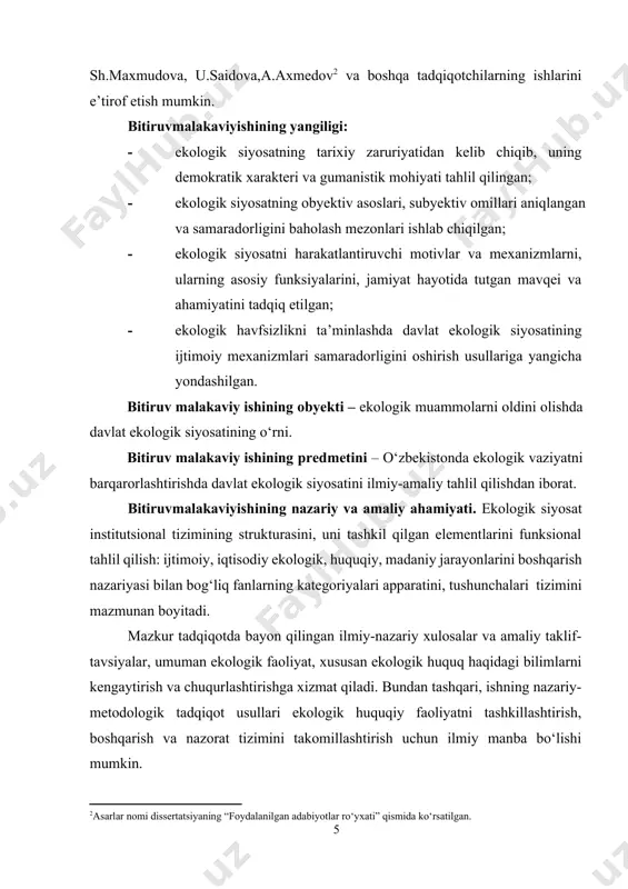 ini konstruktiv-ratsional tashkil qilish va optimallashtirishga oid nazariy xulosa, metodologik tavsiyalar, takliflaridan ekologik siyosatga mutasaddi davlat va nodavlat tashkilotlari amaliy faoliyatlarini tashkil qilishda foydalanish mumkin. bitiruv malakaviy ishi – kirish, ikki bob, to‘rtta paragraf, xulosa, foydalanilgan adabiyotlar ro‘yxati va ilovadan iborat. i bob. globallashuv sharoitidaekologik siyosatining nazariy-metodologik asoslari. 1.2. hozirgi davrda ekologik siyosatning tarixiy zaruriyati, uning demokratik xarakteri va gumanistik mohiyati yangi ming yillikda keskinlashayotgan global muammolar yechimini topish zaruriyati, umuminsoniyat barqaror ekologik rivojlanishi strategiyasini belgilaydigan yangi modelini yaratishni kun tartibiga qo‘ymoqda. o‘zbekistonning irinchi prezidenti islom karimov bu haqda: “global ijtimoiy muammolar, jumladan ming yillik rivojlanish maqsadlari doirasida, “regionalizm orqali globalizm sari” formulasi bo‘yicha, samarali mintaqaviy mexanizmlar yaratish yo‘li bilan hal etilishi lozim”[footnoteref:4], deb ko‘rsatgan edi. [4: qarang: karimov i. “orol muammolari, ularning aholi genofondi, o‘simlik va hayvonot olamiga ta’siri hamda oqibatlarini yengillashtirish uchun xalqaro hamkorlik chora-tadbirlari” xalqaro konferensiya ishtirokchilariga tabrigi. mamlakatni modernizatsiya qilish va iqtisodiyotimizni barqaror rivojlantirish yo‘lida. t.16. …