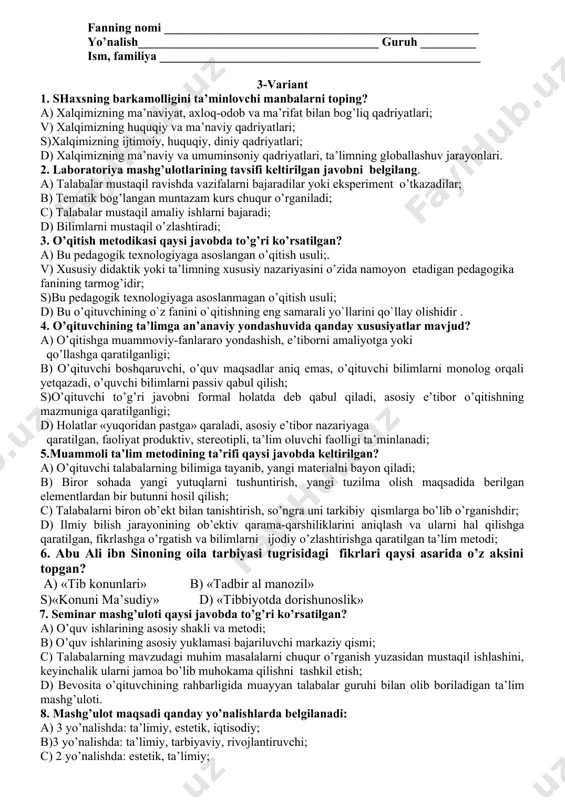davrida. b) kichik ukuvchilik davrida. s)maktabgacha tarbiya davrida. d) o`spirinlik davrida. 13. dars deb nimaga aytiladi ? a)aniq maqsadni ko’zlab belgilangan vaqtda bir xil yoshdagi o’quvchi ,yoshlar bilan o’qituvchi rahbarligida olib boriladigan mashg’ulot. b) belgilangan vaqtda bir xil yoshdagi o’quvchi ,yoshlar bilan o’qituvchi rahbarligida olib boriladigan tarbiyaviy tadbirlar. c) aniq maqsadni ko’zlab belgilangan vaqtda turli yoshdagi o’quvchi ,yoshlar bilan o’qituvchi rahbarligida olib boriladigan mashg’ulot. d) aniq maqsadni ko’zlab ixtiyoriy vaqtda bir xil yoshdagi o’quvchi ,yoshlar bilan o’qituvchi rahbarligida olib boriladigan mashg’ulot. 14.texnik vositalardan foydalanib kinofilm, diofilmlarni namoyish qilish qaysi ko`rgazmalilikka kiradi? a)illyustratsiya b)amaliy c)mustaqil ish d)demonstrasiya 15.o’tmishda dastlab ta’lim qanday shaklda tashkil etilgan ? a)guruh bo’lgan holda b)hujralarda c)yakka tartibda d)kichik guruh holda 16.sinf dars tizimiga kim asos solgan ? a)a.avloniy b)o.roziqov c)ya.a.komenskiy d)k.babanskiy 17. darsga qo’yilgan talablar qaysilar? a)tashkil etish ,maqsad ,yakunlash b)bilim berish ,nazorat qilish ,amaliyot c)tarbiyaviy, didaktik,tashkiliy d)o’qitish,yozdirish,bajarish 18. malaka nima? a) ma’lum ish-harakatning qanday bajarilishini tushunish …