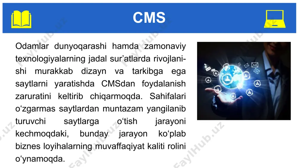 si bosiladi (3). web-sayt dizayni bilan ishlash 6. customize orqali sayt xususiyatlari (nomi va logotipi), rangi, sarlavha uchun tasvir, fon tasvirlari sozlanadi va o‘zgartiriladi (4). customize theme ko‘rsatmasi sayt uchun tanlab olingan va faollashtirilgan shablon tuzilmasi, maketini o‘zgartirishga yordam beradi. 7. appearance tarkibidagi header (6) va background (7) yordamida, mos ravishda, sayt sarlavhasi va fonini o‘zgartirish mumkin. web-sayt dizayni bilan ishlash 8. appearance tarkibidagi theme editor platformasi ichki kodga kirib, shablon kodlarini o‘zgartirishga yordam beradi (8). web-sayt qismlariga element qo‘shish 1. appearance tarkibidagi vidgets bo‘limi yordamida saytning yuqori, o‘ng, chap, quyi qismlariga audio, video, menyu, sahifa, kalendar, qidiruv bo‘limi, oxirgi xabarlar, google xarita kabi elementlarni qo‘shish, o‘chirish, tahrirlash va joylarini o‘zgartirish mumkin (1). web-sayt qismlariga element qo‘shish 2. sayt elementini kerakli qismga o‘tkazish uchun, u sichqoncha yordamida ushlab joylashtiriladi. aksincha, o‘chirish uchun o‘sha qismidan ushlagan holda tashqariga o‘tkazib qo‘yiladi (2). web-sayt qismlariga element qo‘shish 3. sayt elementiga nom berish uchun …