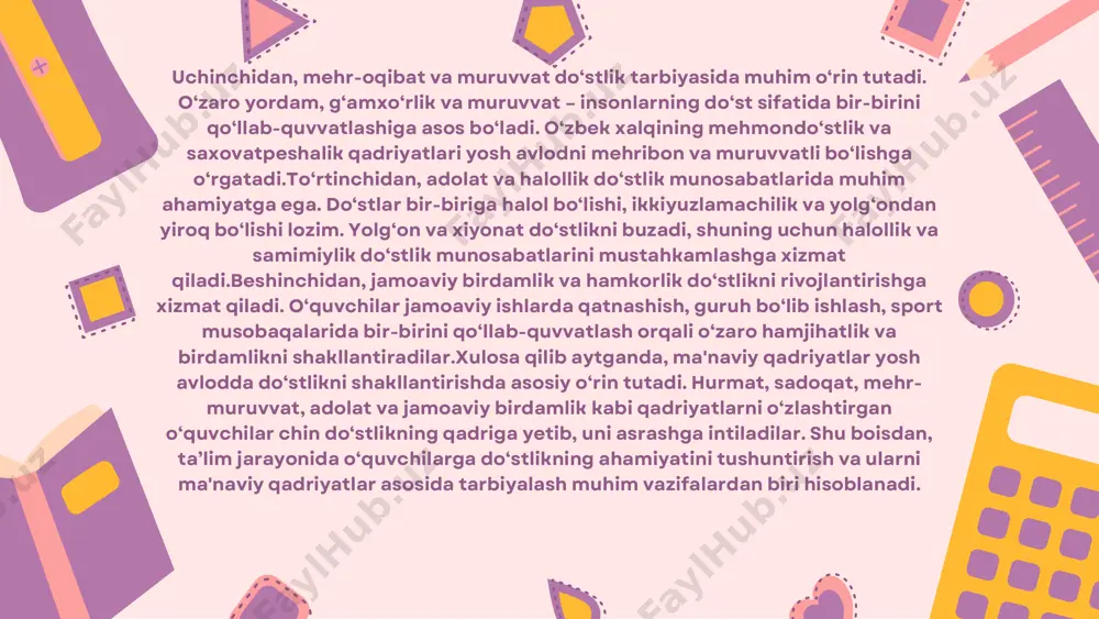 g muhim vazifalaridan biridir. chin do‘stlik nafaqat inson hayotiga quvonch olib keladi, balki jamiyat taraqqiyotiga ham ijobiy ta’sir ko‘rsatadi. xulosa thank you
