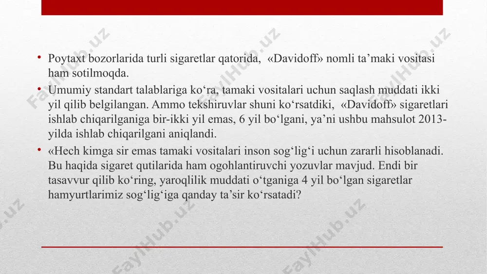 r muhim gapni aytib o‘tmoqchimiz. bu hali chekuvchilar safiga kirib ulgurmagan, biroq unga qiziqib, ta'mini tatib ko‘rgan, kashandalar olamiga endi kirib kelayotgan yoshlarga qaratiladi. diqqat, ogohlantirish: ehtiyot bo‘ling! siz shunday bir olamga kirib kelyapsizki, ertaga bu yerdan chiqishni istab qolsangiz, ortga qaytish juda qiyin bo‘ladi. bu ko‘chaga kirganingizdan so‘ng ko‘p pushaymon yeyishingiz aniq. ishonmasangiz, sen chekishga o‘rganma, deb, ammo o‘zi tamaki burqsitib o‘tirgan kattalardan so‘rang. chekma, deb nega o‘zi chekayotgani haqida bir o‘ylab ko‘ring. so‘nggi pushaymon-o‘zingga dushman bo‘lmasligi uchun, hozirdan buni tushunib yeting! tamaki zararlari haqida chekishning zararlarini yana bir bor esingizga solsak. aynan chekish tufayli kelib chiqadigan kasalliklarning ayrimlari quyidagilar: o‘pka raki, yurak xuruji, qon, xususan, miya tomirlarining yopilib qolishi, jinsiy ojizlik, osteoporosis (suyakning mo‘rtlashishi), ayollarda bachadon raki va hokazo. bu dardlarning aksariyati bedavo va oxiri bemorning o‘limi bilan tugaydi. har kuni dunyo bo‘ylab minglab odam chekish keltirib chiqargan xastaliklardan halok bo‘ladi. masalan, birgina angliyaning o‘zida chekishga bog‘liq dardlar …