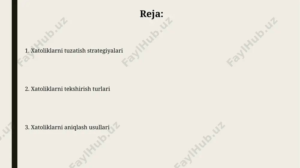 rtiq funksiya ishtirok etganda, debuggerlardan foydalanish xatolarni izlash jarayonini ancha tezlashtiradi, chunki u kodning turli qismlarini alohida tekshirish va muammoni aniqlashga imkon beradi. semantik xatoliklari noto'g'ri ishlatilgan sinonimlar yoki antonimlar semantik xatolarga misol bo'ladi va matnning aniqligi, tushunarliligi darajasiga salbiy ta'sir ko'rsatadi. masalan, 10 ta so'zdan 2 tasi noto'g'ri qo'llanishi mumkin. semantik tahlil vositalari, jumladan, lemmatizatsiya va sintaktik tahlil, xato aniqlashda 80% ga yaqin aniqlikka erishishi mumkin, biroq bu ko'rsatkich matn murakkabligiga bog'liq. xatoliklarni aniqlash tushunchasi xatoliklarni aniqlash jarayoni ma'lumotlarning to'g'riligiga 99% gacha kafolat beradi, lekin 100% emas, chunki ba'zi xatolarni aniqlash murakkab yoki imkonsiz bo'lishi mumkin. xatoliklarni aniqlash tizimlari, 2-darajali tekshiruvlar orqali, ma'lumotlar bazasiga noto'g'ri kiritilgan 5tadan ortiq xatoni aniqlash va tuzatish imkonini beradi. sistemali testlar системали тестларда 100 тадан ортиқ тест ҳолатларини автоматик равишда бажариш ва натижаларни таҳлил қилиш орқали дастурий таъминотнинг ишончлилигини ошириш мумкин. функционал ва юк тестлари каби турли хил системали тестларни бир вақтда бажариш орқали, …