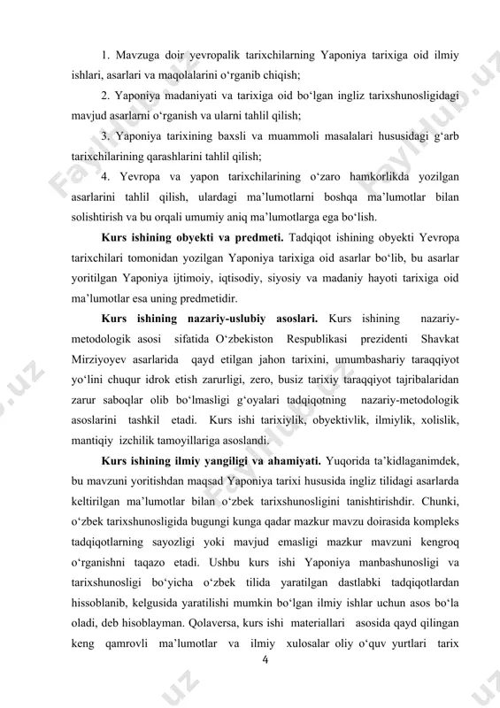 manba va adabiyotlar ro‘yxati i. o‘zbekiston respublikasi konstitutsiyasi, qonunlari, me’yoriy-huquqiy hujjatlar (agar mavzuga doir bo‘lsa) i.1. i.2. i.3. ii. o‘zbekiston respublikasi prezidenti asarlari ii.1. ii.2. ii.3. iii. tarixiy manbalar iii.1. iii.2. iii.3. iv. ilmiy adabiyotlar o‘zbek tilidagi adabiyotlar (alfavit tartibida) iv.1. iv.2. iv.3. rus tilidagi adabiyotlar (agar mavzuga doir bo‘lsa) iv.4. iv.5. iv.6. ingliz tilidagi adabiyotlar iv.7. iv.8. iv.9. arab va fors tilidagi adabiyotlar (agar mavzuga doir bo‘lsa) v.internet manbalar (onlayn kutubxona, portal va saytlar) v.1.www.e-tarix.uz/vatan-tarixi/manbashunoslik/717-maqola.html v.2. v.3. 2