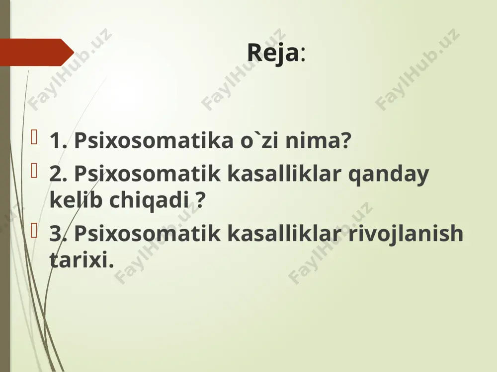 da nemis shifokori iogann-kristian geynrot tomonidan kiritilgan. 1822-yilda nemis psixiatri karl yakobi "somatopsixik" tushunchasini kiritdi, bu "psixosomatik" munosabatga qarama-qarshi va ayni paytda to'ldiruvchidir. biroq, faqat bir asr o'tgach, bu atama asosan psixoanalitik psixologlar tufayli tibbiy amaliyotda umumiy qabul qilindi; bu davrda psixosomatik terapiya ba'zan "tibbiyotda amaliy psixoanaliz" deb ataladi. karl yakobi iogann-kristian geynrot foydalanilgan adabiyotlar https://uz.wikipedia.org/wiki/geshtaltpsixologiya . abdusamatov, h. (2019). social psychological characteristics of extramarital relations. european journal of research and reflection in educationalsciences vol, 7(2). https://fayllar.org/geshtalt-psixologiya.html https://uz.reoveme.com/gestalt-psixologiyasi-nima/ e`tiboringiz uchun rahmat ! image1.png image2.png image3.png image4.png image5.png image6.png image7.png /docprops/thumbnail.jpeg