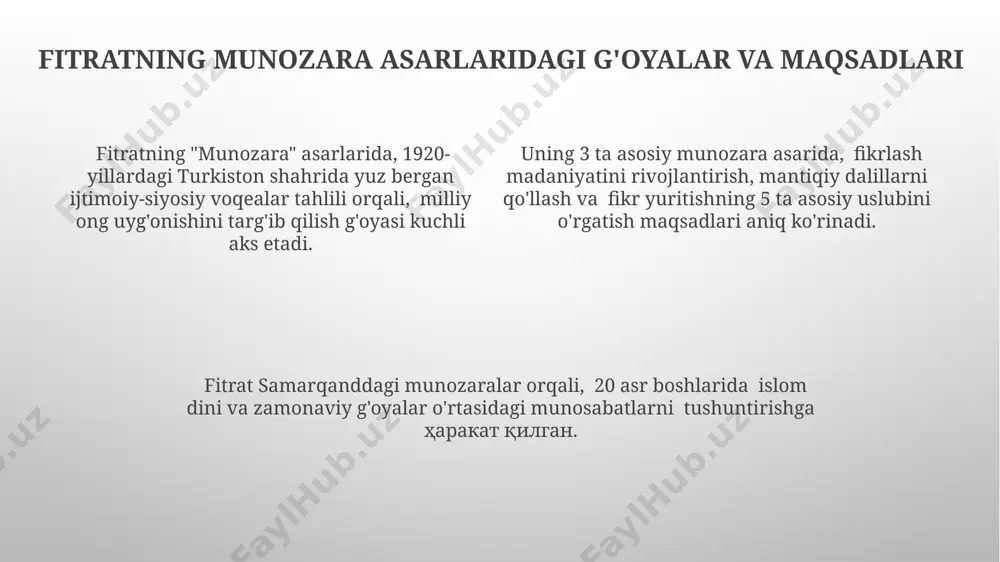ўзбек ёзувчиси ва жамоат арбоби бўлган. фитратнинг "муносаба" деб номланган машхур мақолалари тўпламидаги 5 та мақола бугунги кунда ҳам ўз долзарблигини йўқотмаган ва ижтимоий-сиёсий муаммоларни муҳокама қилиш услубларини акс эттиради. унинг "мўъжиза" каби 20 дан ортиқ асарларида мунозара, баҳс-муносабаларни ўрганишга бағишланган алоҳида боблар мавжуд бўлиб, улардаги фикрларнинг ўткирлиги билан ажралиб туради. fitratning munozara asarlarining xususiyatlari uning munozara uslubi, ratsional mantiqqa asoslangan bo'lib, 30 dan ortiq tarixiy va adabiy dalillarni, shu jumladan buxoro va xivadagi voqealarni keltiradi. fitrat munozaralarida zamonaviy g'oyalarni, masalan, ta'lim islohotlariga oid 2 ta turli yondashuvni muhokama qilib, o'zining progressiv fikrlashini namoyon etadi. fitratning munozara asarlari, 1920-yillar toshkent shahrida yaratilgan bo'lib, milliy til va adabiyot masalalari bilan bog'liq 5 tadan ortiq bahslarni o'z ichiga oladi. "munozara" asarlaridagi obrazlar va personajlar “munozara”lardagi 5-6 ta epizodda adolatsizlikka qarshi kurash, fikr-mulohaza erkinligi va qonun ustuvorligi kabi g‘oyalar yorqin tasvirlangan. fitratning “munozara” asarlarida 2-3 ta asosiy qahramon obrazi – boy, kambag‘al va …