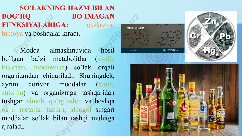 i oqsil kazeinogendan erimaydigan kazein hosil qiladi, ya’ni u sutni ivitadi hamda hazm bo`lishini osonlashtiradi. pepsin va gastriksinlar nisbati 1:2-1:5 bo`lishi mumkin. me’dada proteolitik fermentlar ta’sirida oqsillarning parchalanishi oxiriga yetmaydi. ulardan yirik polipeptidlar hosil bo`ladi. bu moddalar ingichka ichakda me’da osti bezi va ichak fermentlari ta’sirida oxirigacha, ya’ni aminokislotalargacha parchalanadi. me'da shirasida proteolitik bo`lmagan fermentlar ham mavjud. bularga, masalan, emulsiyalangan yog`ni ham parchalovchi lipaza kiradi. oqsil va lipidlar me'da shirasidagi lipaza kislotali muhitda faol bo`lmaydi. bu fermentning emadigan bolalar uchun ahamiyati katta. ularning me'dasida kislotalilik sust, va me'da lipazasi sutning o‘zidagi lipaza bilan birga emulsiya holidagi sut yog`larini parchalaydi. lipaza fermenti emulsiya holidagi yog`larni (masalan, sutdagi yog`larini) glitserin va yog‘ kislotalari gacha parchalaydi. me'dada oziq modda muhiti kislotali bo`lgunga qadar so`lak a-amilazasi ta’sirida karbonsuvlar gidrolizi davom etadi. me'da shirasining asosiy anorganik qismini erkin va proteinlar bilan bog`langan holda yuruvchi xlorid kislotalar (0,5%) tashkil qiladi. me’da shirasining osmotik bosimi plazmadan yuqoridir. …