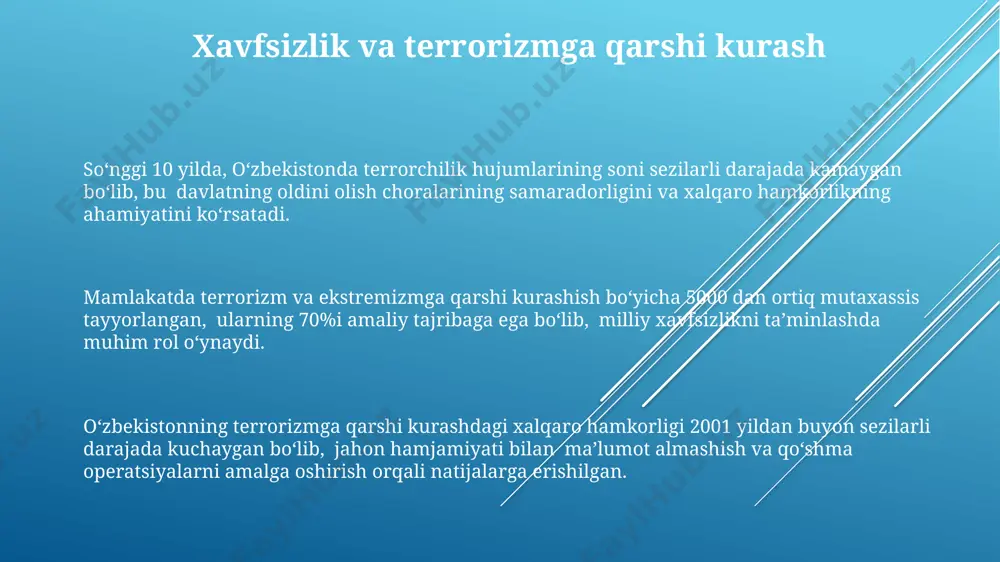 qadar qayta tiklanuvchi energiya manbalaridan foydalanishni 25% ga oshirishni rejalashtirmoqda, bu esa global ekologik tashabbuslarga qoʻshgan hissasini koʻrsatadi. uzbekiston jahon savdo tashkilotining toʻlaqonli a’zosi sifatida 160 dan ortiq mamlakat bilan faol savdo aloqalarini olib boradi, eksport hajmi yildan-yilga oshib bormoqda. oʻzbekistonning jahon iqtisodiyotiga integratsiyasi 2023 yilda 40 milliard dollardan ortiq toʻgʻridan-toʻgʻri xorijiy investitsiyalarni jalb qilish bilan tavsiflanadi, bu mamlakatning iqtisodiy oʻsishini yanada tezlashtirdi. e'tiboringiz uchun rahmat @taqdimot_robot