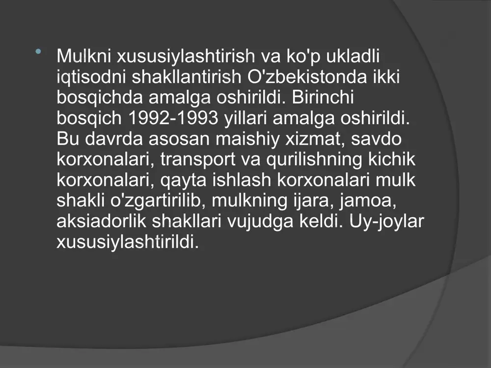 ding» kompaniyasi o'rtasida shartnoma imzolanib, 1999 yildan samarqandning so'g'diyona mavzeida avtobus zavodi qurilib, faoliyat yurita boshladi. xususiy mulk bozor iqtisodiyotining tayanchi sifatida bir qator belgilar bilan tavsiflanadi: xususiy mulk iqtisodiy resurslar, yaratilgan mahsulot va xizmatlarni, umuman boylikni yakka tartibda ayrim kishilar yoki oilalar tomonidan oʻzlashtirilishini taʼminlaydi. xususiy mulk sohiblari turli toifadagi kishilar, chunonchi tadbirkorlar, ishchilar, xizmatchilar, dehqonlar, yer egalari va rantyelar boʻlishi mumkin. xususiy mulk oʻz egasiga iqtisodiy hokimiyat beradi, yaʼni uni boshqarish funksiyasi bilan taʼminlaydi. mulk obʼyektini mulqdorning oʻzi yoki uning nomidan menejerlar boshqaradi. xususiy mulk oʻz soxibiga naf keltirishi shart. xususiy mulk oʻz soxibiga iqgasodiy mustaqillik beradi, yaʼni mulk soxibi uni uz bilganicha ishlatadi. /docprops/thumbnail.jpeg