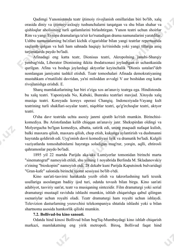 odamlar orasida dunyoni idrok etishning ma'lum bir turini shakllantirdi, bu borliqning ajralmas qismi edi. diniy qarashlar tizimi, ayniqsa hindistonda paydo bo'lgan buddizm, xitoyga, so'ngra yaponiyaga kelib, xitoy va yapon adabiyoti va dramaturgiyasini buddaviy mavzular bilan boyitgan. yozuv va adabiyotning rivojlanishi teatrning paydo bo'lishiga ham ta'sir ko'rsatdi. qadimgi yunonistonda teatr ijtimoiy rivojlanish omillaridan biri bo'lib, xalq orasida diniy va ijtimoiy-axloqiy tushunchalarni tarqatgan va shu bilan shahar va qishloqlar aholisining turli qatlamlarini birlashtirgan. yunon teatri uchun shoirlar rim va yangi evropa dramalariga ta'sir ko'rsatadigan drama namunalarini yaratdilar. ushbu namunalarning ba'zilari kichik o'zgarishlar bilan yangi teatrlar repertuarida saqlanib qolgan va hali ham sahnada haqiqiy ko'rinishda yoki yangi tillarga aniq tarjimalarda paydo bo'ladi. afinadagi eng katta teatr, dionisus teatri, akropolning janubi-sharqiy yonbag'rida, liberator dionisning ikkita ibodatxonasi joylashgan er uchastkasida qurilgan. afina va boshqa joylardagi aktyorlar keyinchalik "dionis ustalari"deb nomlangan jamiyatni tashkil etishdi. teatr tomoshalari afinada demokratiyaning mustahkam o'rnatilishi davridan, ya'ni miloddan avvalgi v asr …