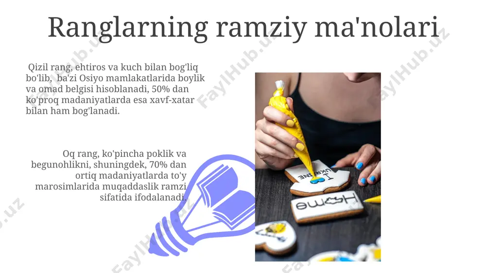 larni, masalan, issiq va sovuq ranglarni o'z ichiga olishi mumkin. ranglar va san'at o'zbek miniatyurasi va an'anaviy bezak san'atida 3 ta asosiy rang (ko'k, yashil, qizil) muayyan ma'naviy va ijtimoiy tushunchalarni ifodalaydi. 15-asr miniatyuralarida ishlatilgan ranglar palitrasi zamonaviy rasmchilikdagi ranglarga qaraganda ancha cheklangan bo'lib, bu davrning estetik qarashlarini aks ettiradi. ranglar va his-tuyg'ular 01 02 yashil rang tabiat bilan bog'liq bo'lib, tinchlik va osoyishtalik hissiyotlarini uyg'otadi, ammo ba'zi madaniyatlarda 70% gacha bo'lgan odamlar unda salbiy konnotatsiyalarni ham ko'rishlari mumkin. sales 1st qtr 2nd qtr 100 0 sales 1st qtr 2nd qtr 100 0 e'tiboringiz uchun rahmat @taqdimot_robot image4.jpg image5.jpg image6.jpg image7.jpg image8.jpg image9.jpg image10.jpg image11.jpg image12.jpg image13.jpg image14.jpg image15.jpg image1.jpeg image2.jpeg image3.jpeg