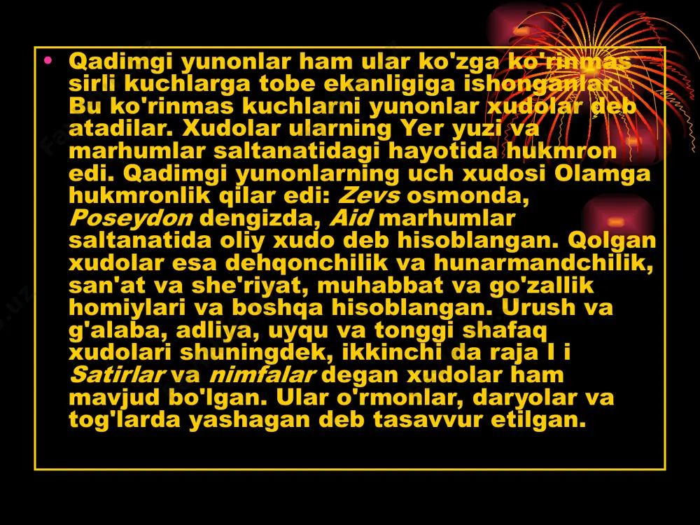 hiqqan. greklar ularni «olimpiya xudolari» deb ataganlar. olimpiya xudolari guruhining shakllanish davri uzoq vaqt davom etgan va miloddan avvalgi vi–v asrlarga kelib bu jarayon uzil-kesil yakunlangan. olimpiya xudolari o‘n ikkita xudodan iborat bo‘lib, ularga zevs boshchilik qilgan. u asilzoda xudolar aid (o‘liklar podsholigi xudosi), poseydon (dengiz xudosi) va boshqalarga tayanib dunyoni boshqargan. zevs boshchiligidagi bosh xudolar guruhi umumxalq xudolari sifatida tan olinsa-da, aholi orasida juda ko‘p mahalliy xudolarga sig‘inish an’anasi saqlanib qolgan.