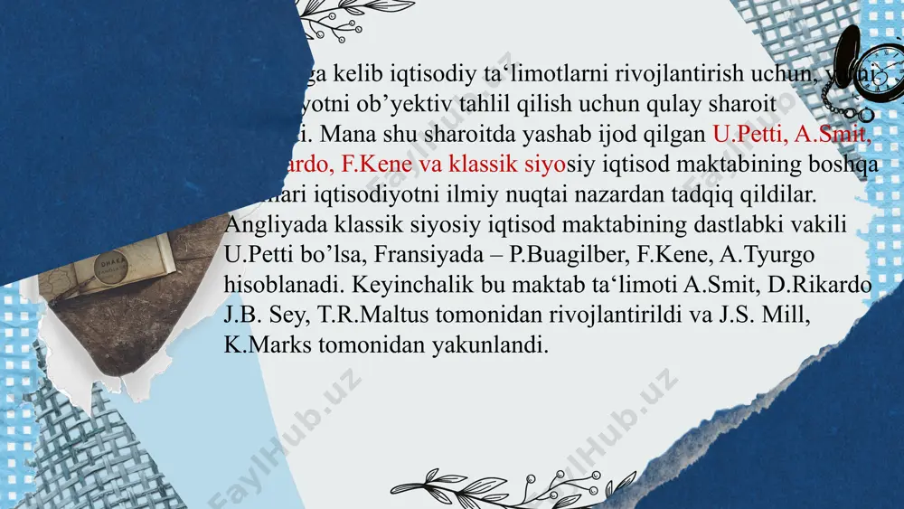 tto uy jihozlari ham boylik 2 «mehnat – boylikning otasi, yer esa uning onasi» degan 3 u.petti qamoq jazosi o’rniga pul jarimasini joriy etish zarurligini, pul to’lashga «qurbi yetmagan o’g’rilarni» esa «qullikka» mahkum etishni taklif etdi 4 chetga pul chiqarishni taqiqlash bema’ni narsa ekanligini ko’rsatib o’tadi. davlatning bunday hatti- harakati, uning fikri bo’yicha, mamlakatga chetdan tovar keltirishni man etish bilan bir narsadir u.pettining noto’g’ri tushunchalari ham bo’lgan. masalan, u savdo va savdo kapitalining milliy boylik yaratishdagi ishtirokini inkor etdi va hatto savdogarlar sonini ancha kamaytirishni qattiq turib ma’qulladi. u.petti savdogarlarni davlatning «qonini» taqsimlash bilan shug’ullanuvchi «o’yinchilar»ga o’xshatadi. u «qon» deganda qishloq xo’jaligi va sanoat mahsulotlarni nazarda tutadi. u.pettining qiymat nazariyasi u.pettining merkantilistlar g’oyasiga bo’lgan salbiy yondashuvi nafaqat boylikning mohiyatini va uni ko’paytirish yo’llarini tahlil qilishda, balki tovarlar qiymatining yaratilish tabiatini va bozorda ularning qiymati darajasiga ta’sir etuvchi omillarni aniqlashda ham o’z ta’sirini ko’rsatdi. bu boradagi uning tadqiqotlari keyinchalik uni qiymatning …