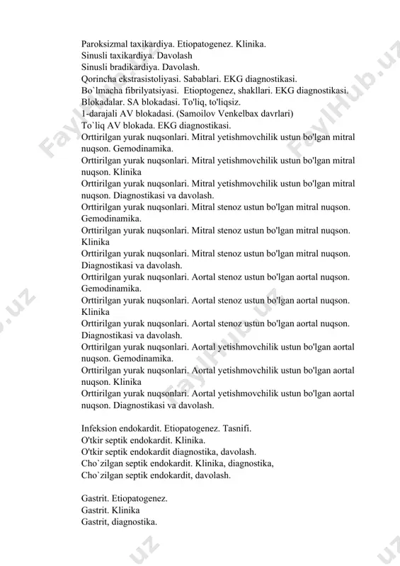 nostikasi. orttirilgan yurak nuqsonlari. mitral yetishmovchilik ustun bo'lgan mitral nuqson. gemodinamika. orttirilgan yurak nuqsonlari. mitral yetishmovchilik ustun bo'lgan mitral nuqson. klinika orttirilgan yurak nuqsonlari. mitral yetishmovchilik ustun bo'lgan mitral nuqson. diagnostikasi va davolash. orttirilgan yurak nuqsonlari. mitral stenoz ustun bo'lgan mitral nuqson. gemodinamika. orttirilgan yurak nuqsonlari. mitral stenoz ustun bo'lgan mitral nuqson. klinika orttirilgan yurak nuqsonlari. mitral stenoz ustun bo'lgan mitral nuqson. diagnostikasi va davolash. orttirilgan yurak nuqsonlari. aortal stenoz ustun bo'lgan aortal nuqson. gemodinamika. orttirilgan yurak nuqsonlari. aortal stenoz ustun bo'lgan aortal nuqson. klinika orttirilgan yurak nuqsonlari. aortal stenoz ustun bo'lgan aortal nuqson. diagnostikasi va davolash. orttirilgan yurak nuqsonlari. aortal yetishmovchilik ustun bo'lgan aortal nuqson. gemodinamika. orttirilgan yurak nuqsonlari. aortal yetishmovchilik ustun bo'lgan aortal nuqson. klinika orttirilgan yurak nuqsonlari. aortal yetishmovchilik ustun bo'lgan aortal nuqson. diagnostikasi va davolash. infeksion endokardit. etiopatogenez. tasnifi. o'tkir septik endokardit. klinika. o'tkir septik endokardit diagnostika, davolash. cho`zilgan septik endokardit. klinika, diagnostika, cho`zilgan septik endokardit, …