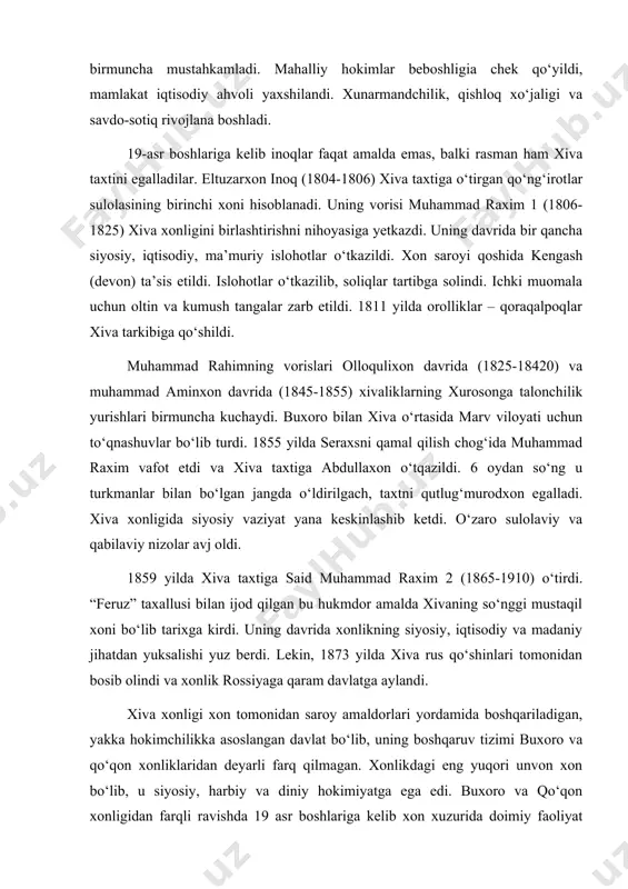n ijod qilgan bu hukmdor amalda xivaning so‘nggi mustaqil xoni bo‘lib tarixga kirdi. uning davrida xonlikning siyosiy, iqtisodiy va madaniy jihatdan yuksalishi yuz berdi. lekin, 1873 yilda xiva rus qo‘shinlari tomonidan bosib olindi va xonlik rossiyaga qaram davlatga aylandi. xiva xonligi xon tomonidan saroy amaldorlari yordamida boshqariladigan, yakka hokimchilikka asoslangan davlat bo‘lib, uning boshqaruv tizimi buxoro va qo‘qon xonliklaridan deyarli farq qilmagan. xonlikdagi eng yuqori unvon xon bo‘lib, u siyosiy, harbiy va diniy hokimiyatga ega edi. buxoro va qo‘qon xonligidan farqli ravishda 19 asr boshlariga kelib xon xuzurida doimiy faoliyat ko‘rsatuvchi kengash (devon) bor edi. eng yuqori lavozimdagi amaldorlar a’zo bo‘lgan bu kengashning vakolatlari cheklangan, barcha qarorlar amalda xon tomonidan qabul qilingan bo‘lsada, lekin saroy a’yonlarining, qabila boshliqlarining va mahalliy hokimlarning davlat boshqaruvidagi o‘rnini e’tirof etish zarur. ular amalda davlat boshqvaruvida katta kuchga ega bo‘lganlar. ayniqsa, markaziy davlat hokimiyati zaiflashgan davrda bu narsa yaqqol ko‘zga tashlanar edi. xonlikdagi barcha mansab …