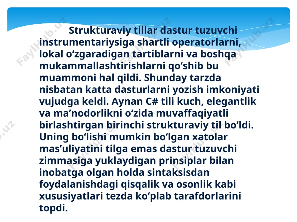riteline(number); // output: 45 params parametri haqida ma’lumot. params kalit so'zidan foydalanib , biz o'zgaruvchan sonli argumentlarni qabul qiladigan usul parametrini belgilashimiz mumkin . parametr turi bitta o'lchovli massiv bo'lishi kerak.paramsmetod deklaratsiyasida kalit so'zdan keyin qo'shimcha parametrlarga yo'l qo'yilmaydi va usul deklaratsiyasida faqat bitta params kalit so'zga ruxsat beriladi.agar params parametrining e'lon qilingan turi bir o'lchovli massiv bo'lmasa, kompilyator xatosi cs0225 paydo bo'ladi. params parametrli usulni chaqirganda, quyidagilarni bajarishingiz mumkin: massiv elementlari tipidagi argumentlarning vergul bilan ajratilgan ro'yxati. 2. belgilangan turdagi argumentlar to'plami. 3. argumentlar yo'q. agar siz hech qanday dalillarni yubormasangiz, params ro'yxatning uzunligi nolga teng. /docprops/thumbnail.jpeg