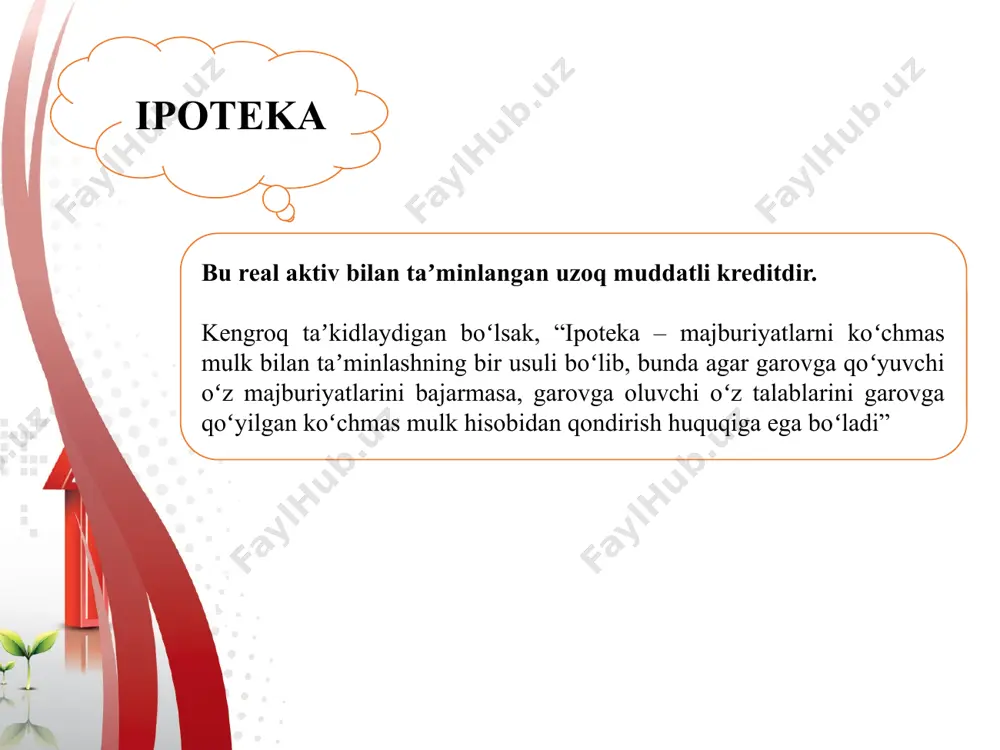 dagi nizomni tasdiqlash haqida” gi 2-sonli qaroriga asosan tartibga solinadi. ipoteka krediti uchun berilgan xalqaro va xorijiy moliya institutlari mablagʻlari hisobiga tijorat banki tomonidan beriladigan ipoteka krediti miqdori ushbu mablagʻlarni berish toʻgʻrisida tijorat banki va koʻrsatib oʻtilgan moliya institutlari oʻrtasida tuzilgan tegishli shartnomalar shartlaridan kelib chiqqan holda belgilanadi. ariza beruvchi tijorat banklarining oʻz mablagʻlari va jalb etilgan mablagʻlari hisobiga ipoteka krediti olish uchun: - quriladigan, sotib olinadigan uy-joy yoki koʻp kvartirali uydagi kvartira qiymatining; - uy-joyni rekonstruksiya qilish qiymatining kamida 25 foizi miqdoridagi oʻz mablagʻiga ega boʻlishi kerak. ushbu mablagʻlar ariza beruvchining nomiga bankda ochilgan jamgʻarma omonat hisob raqamida milliy yoki chet el valyutasida mavjud boʻlishi, shuningdek qurilayotgan uy-joy smeta qiymatining yoki rekonstruksiya qilish qiymatining 25 foizidan kam boʻlmagan miqdorda ariza beruvchi tomonidan oʻz mablagʻlari hisobiga sotib olingan qurilish materiallari tarzida boʻlishi mumkin. e’tiboringiz uchun raxmat image2.jpeg image3.jpeg image4.jpeg image5.png image6.png image1.jpeg /docprops/thumbnail.jpeg