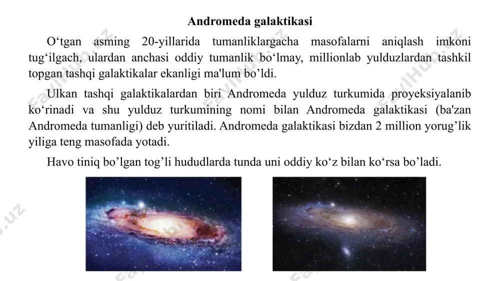 ellan buluti (kmb) va kichik magellan bulutini (kichmb) (ular somon yo‘li atrofida kuzatiladi) keltirish mumkin. galaktikaning tashqi ko‘rinishi, uning yoshi bilan bog‘liq bo‘lib, galaktika evolutsiyasining ma'lum bosqichiga mos keladi galaktikalarning spektri. spiral va noto‘g‘ri galaktikalarda boshlang‘ich spektral sintlarga kiruvchi qaynoq va yosh yulduzlar, elliptik galaktikalar esa, nisbatan yoshi o‘tgan, keyingi spektral sinflarga mansub yulduzlar ko‘p uchraydi. galaktikalarning rangiga qarab ham, unda ko‘pchilikni tashkil etgan yulduzlaming spektral sinflari haqida xulosa qilish mumkin. galaktikalar yoki ulaming qismlarining rang ko‘rsatkichlari ham yulduzlaming rang ko‘rsatkichlarini topish yo‘li bilan topiladi. galaktikalargacha masofalarni aniqlash galaktikalargacha masofalami (r) aniqlashda, dastlab ulaming tarkibidagi sefeidlaming davr-yorqinlik bog‘lanishlari asosida yorqinliklari topiladi, keyin ularning ko‘rinma yulduz kattaligi asosida ungacha (galaktikagacha ham) masofaning m-m moduli orqali quyidagi ifodadan foydalanib aniqlash mumkin bo‘ladi: lg r=0,2(m-m) +1 habbl tasnifi bo‘yicha galaktikalar evolutsiyasi zamonaviy tasnifda galaktikalar evolutsiyasi radiogalaktikalar radionurlanish, u yoki bu darajada deyarli barcha galaktikalarga xos xususiyat hisoblanadi. ularning ko‘pchiligida radionurlanish, nurlanish quvvatining arzimas …