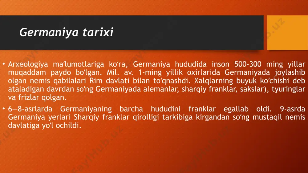 qilgan taqdirda ham, u amalda bajarilmasdi. bunday sharoitda har bir knyazlik nafaqat ichki ishlarda, balki tashqi siyosatda ham mustaqillikka intilardi. yangi davrda germaniya siyosati ichki siyosiy tarqoqlik xvii asrning ikkinchi yarmida germaniyani yevropaning kuchli davlatlari qo‘lida qo‘g‘irchoqqa aylantirib qo‘ydi. fransiya oxir-oqibatda strasburg shahri va reyn daryosining chap qirg‘oq yerlarini egallab oldi. 1683-yili germaniya knyazliklari òurkiya bosqiniga qarshi kurashish uchun tarixda birinchi marta yakdil qaror qabul qildilar va milliy-ozodlik qo‘shinini tuzdilar. shu yili vena ostonalarida usmoniylarning qo‘shini tor-mor keltirildi. germaniyaning bu g‘alabasi markaziy yevropani usmoniylar bosqinidan saqlab qoldi. germaniya knyazliklari ichida avstriya va brandenburg eng kuchlilari edi. xvii asr shu ikki knyazlikning germaniyada gegemonlik uchun kurashi ostida o‘tdi. avstriyani gabsburglar sulolasi, brandenburgni esa gogensollernlar sulolasi boshqarardi. 48 birining poytaxti vena shahri, ikkinchisiniki esa berlin shahri edi. xvii asr oxiriga kelib, brandenburg knyazligida prussiya gersogligi yetakchi mavqega ega bo‘lib oldi. germaniya va birinchi jahon urushi 20-asr boshlariga kelganda sanoat rivoji boʻyicha germaniya …