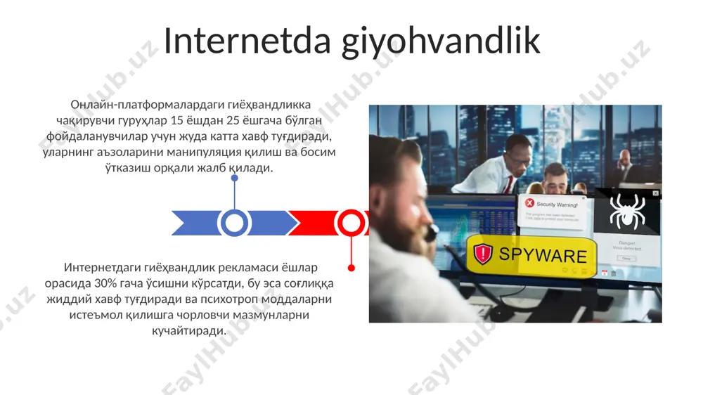 oshib bormoqda. sosial mediadagi zo'ravonlik va ta'qib qilishning 30% dan ortig'i anonim profillar orqali amalga oshiriladi, bu esa huquqni muhofaza qilish organlari uchun tergovni murakkablashtiradi. bolalarni himoya qilish masalalari bolalar onlayn zo'ravonlik, jumladan, kiber-tajovuz va jinsiy ekspluatatsiya xavfi bilan 10 baravar ko'proq duch kelishadi, bu esa ularning ruhiy salomatligiga jiddiy ta'sir ko'rsatishi mumkin. onlayn do'stlik va munosabatlarning 70% dan ko'prog'i, yosh bolalar uchun potentsial xavf bo'lib, ularni aldash va manipulyatsiya qilishga moyil qiladi, shu jumladan identifikatsiya o'g'irlash ham xavf tug'diradi. shaxsiy hayotning buzilishi o'rtacha foydalanuvchi kuniga 2-3 soatdan ko'proq vaqtini ijtimoiy tarmoqlarda o'tkazib, bilmagan holda 1000 dan ortiq ma'lumotni tarqatish xavfini tug'diradi. shaxsiy hayotning buzilishiga olib keladigan 70% dan ortiq holatlar foydalanuvchilarning o'zlari tomonidan noto'g'ri sozlamalar yoki shaxsiy ma'lumotlarni ochiq joylashtirishi bilan bog'liq. e'tiboringiz uchun rahmat @taqdimot_robot image4.jpg image5.jpg image6.jpg image7.jpg image8.jpg image9.jpg image10.jpg image11.jpg image12.jpg image13.jpg image14.jpg image15.jpg image1.jpeg image2.jpeg
