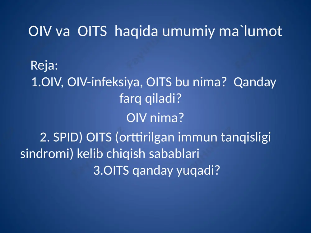 r bosqichi bo’lib, unda odamning immun tizimi qattiq izdan chiqadi yoki “yetishmovchiligi” kelib chiqadi. bu bosqichda qon tarkibidagi cd4 hujayralar miqdori kamayib ketadi. orttirilgan immunitet tanqisligi sindiromi 1981-yilning iyun oyida birinchi marta aqshning nyu-york va san-fransizko shaharlarida yosh erkaklar orasida yuqumli kasallik va teri o’smalarining ko’paygani haqida xabarlar paydo bo’ldi. ularda, o’pka yallig’lanishining, parazitlar kuzatuvchisi pnevmotsista (karinini) keltirib chiqarayotgani, hamda shilliq qavatlarning zamburug’lar (kandida) bilan zararlanishi, o’smalar (limfoma) paydo bo’lishi, sporalar va virus bilan zararlanganlarda bosh miya kasalliklari kelib chiqishi kuzatilgan. bu mikroorganizmlar sog’lom odamlar uchun xafvsiz bo’lgani holda, uning immun tizimi pasayganda, jadallik bilan rivojlanish xususiyatiga ega. 1986-yilda dunyoda 40 ming kishi oits bilan kasallangan, aqshda 30 mingga yaqin, fransiya va braziliyada 1 mingga yaqin, markaziy afrikada 4 mingga yaqin, angliya va boshqa mamlakatlarda 0.5 ming atrofida kasallanganlar qayd etilgan. 1987-yilda efiopiya, mozambik, gvineya-bisaudan kelgan fuqarolarning oitv bilan zararlangani aniqlangan. 1989-yil mamlakatimiz fuqarosida ham oitv infeksiyasi aniqlanadi: bu ayol …