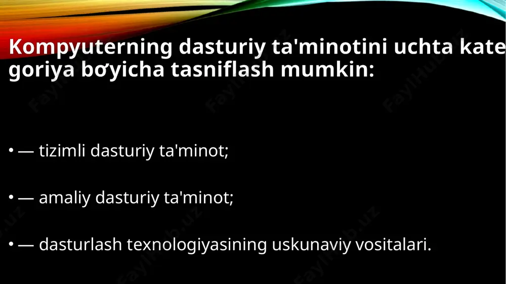 osoft, adobe, macromedia, borland, symantec, corel kompaniyalarini keltirish mumkin. dasturiy ta'minot odatda kompakt disklarda tarqatiladi va uni o'rnatish uchun kompyuterda kompakt disklarni o'qish qurilmasi (masalan: cd rom, cd-writer, dvd rom, dvd-writer) o'rnatilgan bo'lishi kerak. image2.png image1.png /docprops/thumbnail.jpeg