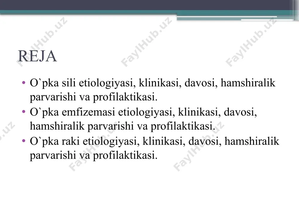 siyalarining buzilishi bilan kechadigan kasallik. etiologiyasi bu kasallik bronx daraxtlarini ventilyatsiya faoliyati buzilishi oqibatida rivojlanadigan kasalliklardan keyin kelib chiqadi: 1. surunkali bronxit; 2. sil; 3. o`sma kasalliklar; 4. bronxial astma; 5. kashandalarda uchraydi; klinikasi hansirash; yo`tal; balg`am ajralishi; ozish; obyektiv tekshiruvda yuz terisi qizarganligi; lunjlarning shishganligi; bochkasimon ko`krak qafasi; umrov usti soxasi bo`rtib chiqishi; jismoniy mehnatda nafas chiqarishning qiyinlashuvi; perkussiyada quticha tovush; auskultatsiyada susaygan nafas; laborator tekshiruvda qon taxlili; echt; kt; davosi maxsus muolaja qo`llanilmaydi; asosiy kasallik davolanadi; profilaktikasi zararli odatlarni tashlash; to`g`ri ovqatlanish; sog`lom turmush tarzini olib borish; o`pka raki – saraton xavfli o`smalar ichida eng ko`p uchraydi; o`pka raki yetilmagan epiteliy to`qimadan tuzilgan o`smadir; etiologiyasi hozirgacha aniqlanmagan, ya`ni bir necha faktorlar mavjud: 1. ekzogen (zararli odatlar, atmosfera havosi iflosligi); 2. nasliy moyillik ; 3. o`pkadagi surunkali yallig`lanishdan; klinikasi o`simtaning rivojlanish bosqichiga bog`liq; o`sma joylashuviga bog`liq; metastazasiga bog`liq; klinik belgisi boshlang`ich davrda belgisiz kechishi mumkin; xos belgilari: 1. yo`tal …